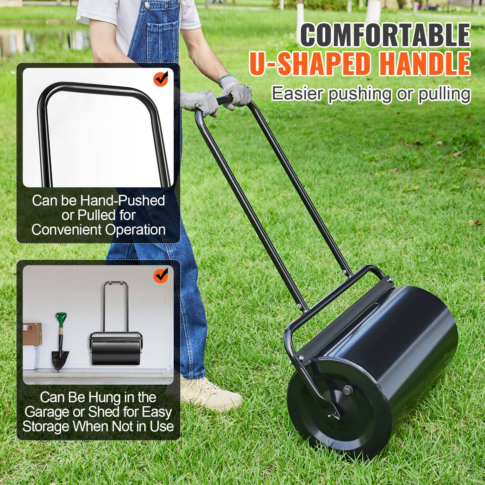 - COMFORTABLE U-SHAPED HANDLE
  - Easier pushing or pulling

- Can be Hand-Pushed or Pulled for Convenient Operation

- Can Be Hung in the Garage or Shed for Easy Storage When Not in Use