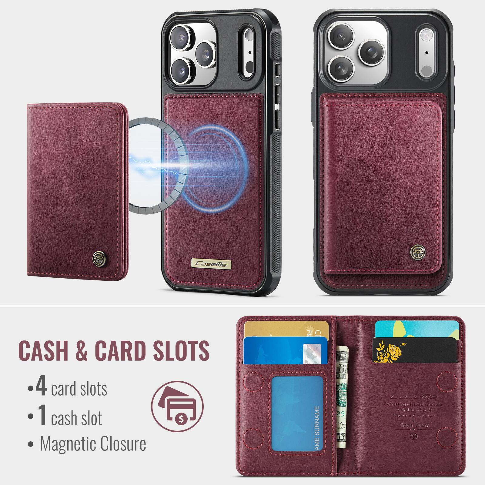 Coselle CASH & CARD SLOTS  
4 card slots  
1 cash slot  
Magnetic Closure  

PI C SURNAME AME TH DE 29 EA  
BI Easate  
FIVEE  
U A Ne N
