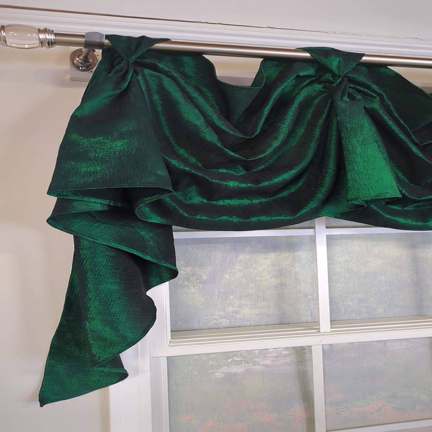 Left. RLF Home - RLF Home Crinkle Taffeta 3-S Victory 100% Polyester Tab Top Swag Window Curtain 54" x 25" Green - Green.