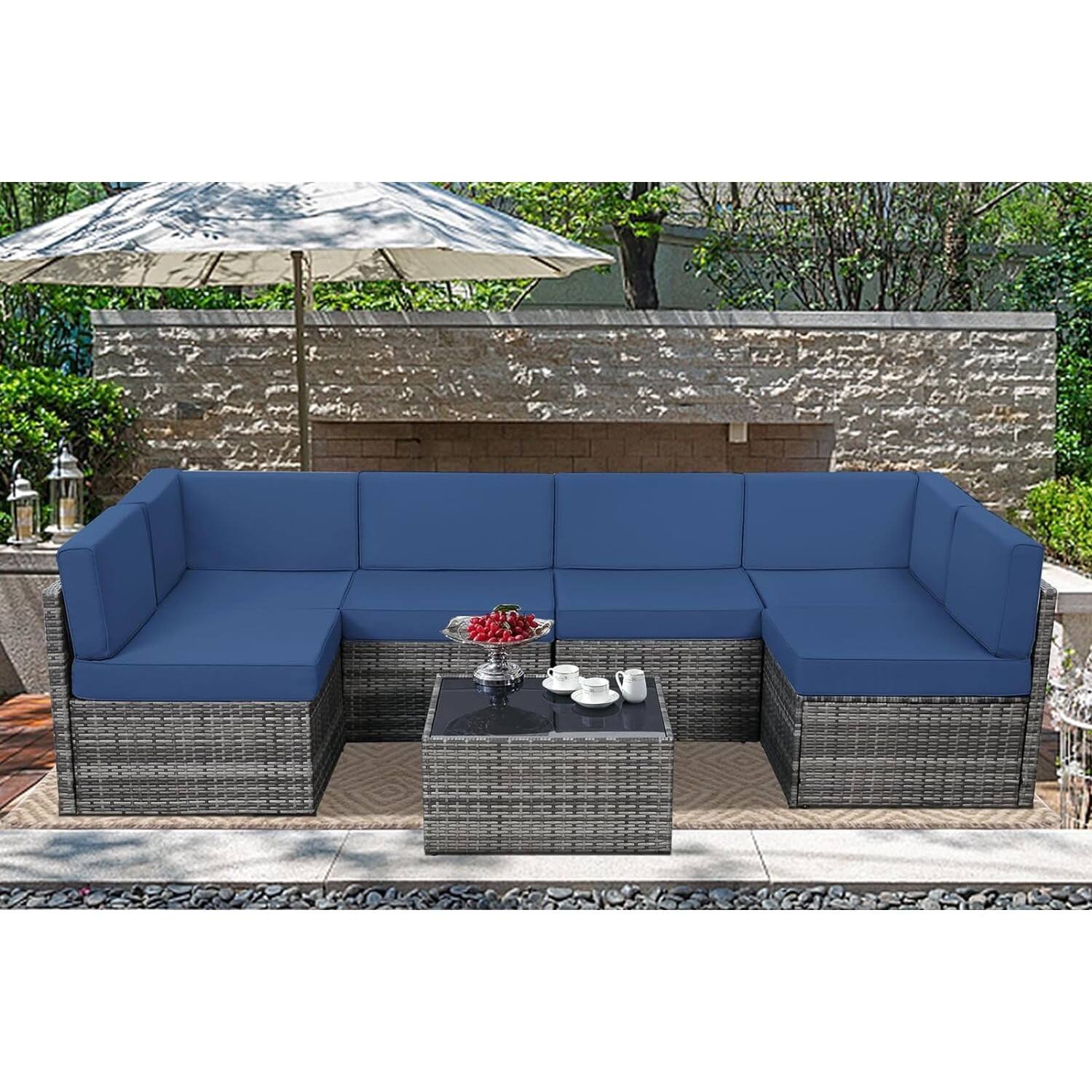 Mondawe - 7-Piece Grey Rattan Sofa Set with Blue Cushions - Blue+Grey