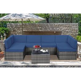 Mondawe - 7-Piece Grey Rattan Sofa Set with Blue Cushions - Blue+Grey