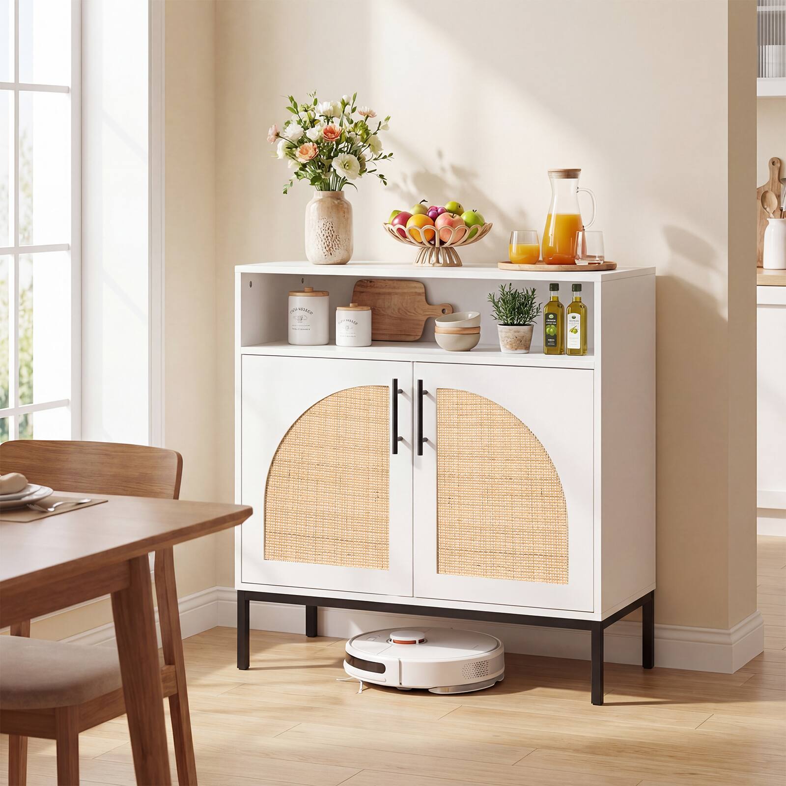 Alt View 1. Costway - Costway 1 PCS 32" Sideboard Buffet Cabinet with Natural Rattan Decorated Doors, Adjustable Shelf - Natural & White.