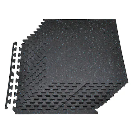 Front. VEVOR - Puzzle Exercise Mat, 24 PCS Fitness Equipment Mats, 24 x 24 x 0.4 in, High-Density EVA Foam Mats Set - Black with Blue Dots.