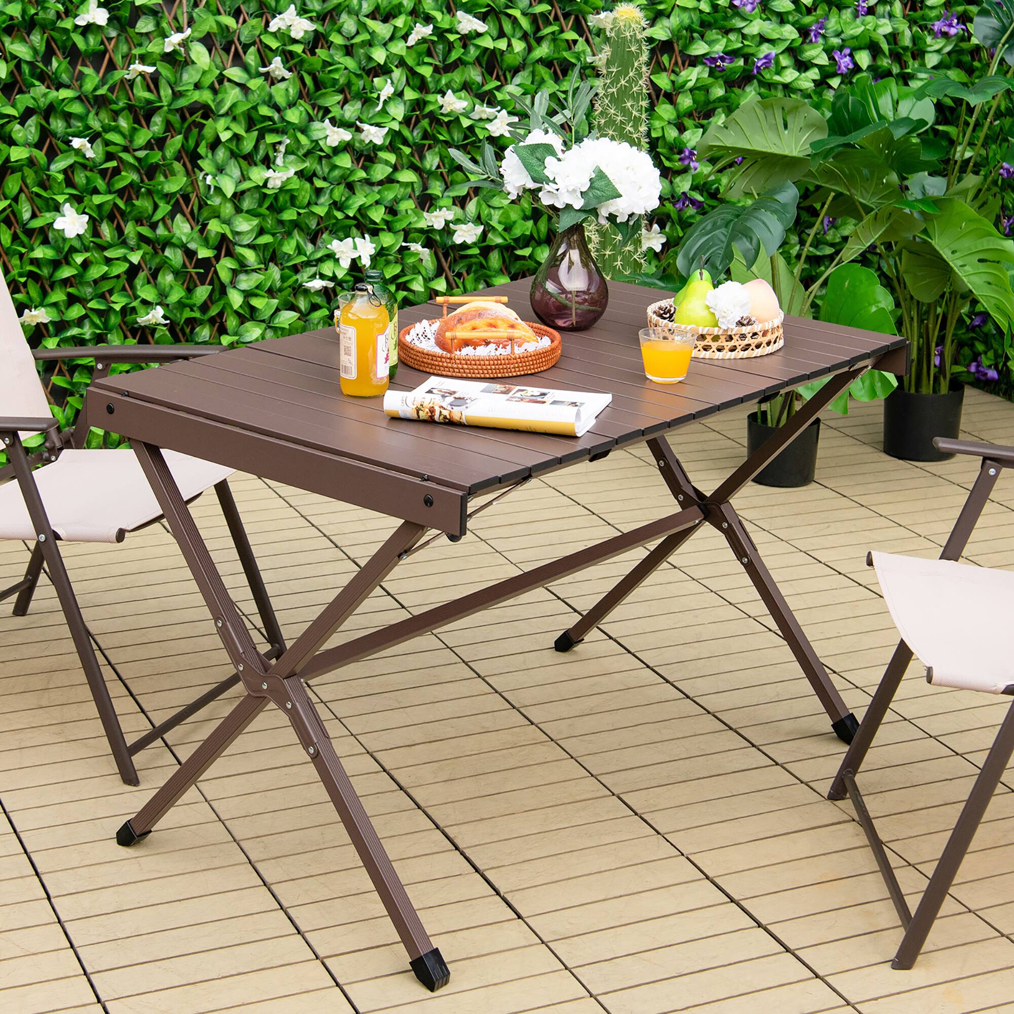 Left. Costway - 4-6 Person Portable Aluminum Camping Table Lightweight Roll Up Table Brown - Brown.