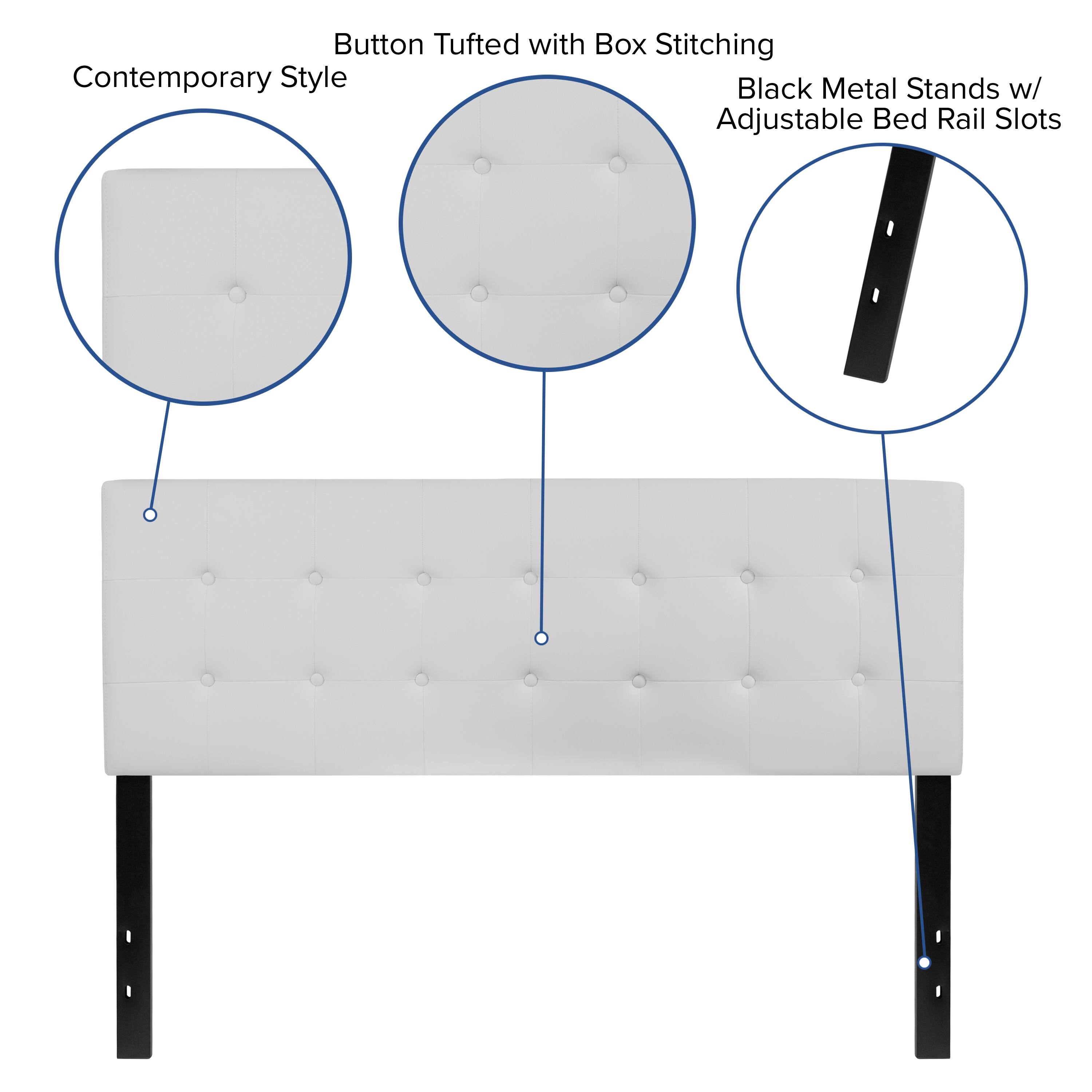 Button Tufted with Box Stitching  
Contemporary Style  
Black Metal Stands w/ Adjustable Bed Rail Slots