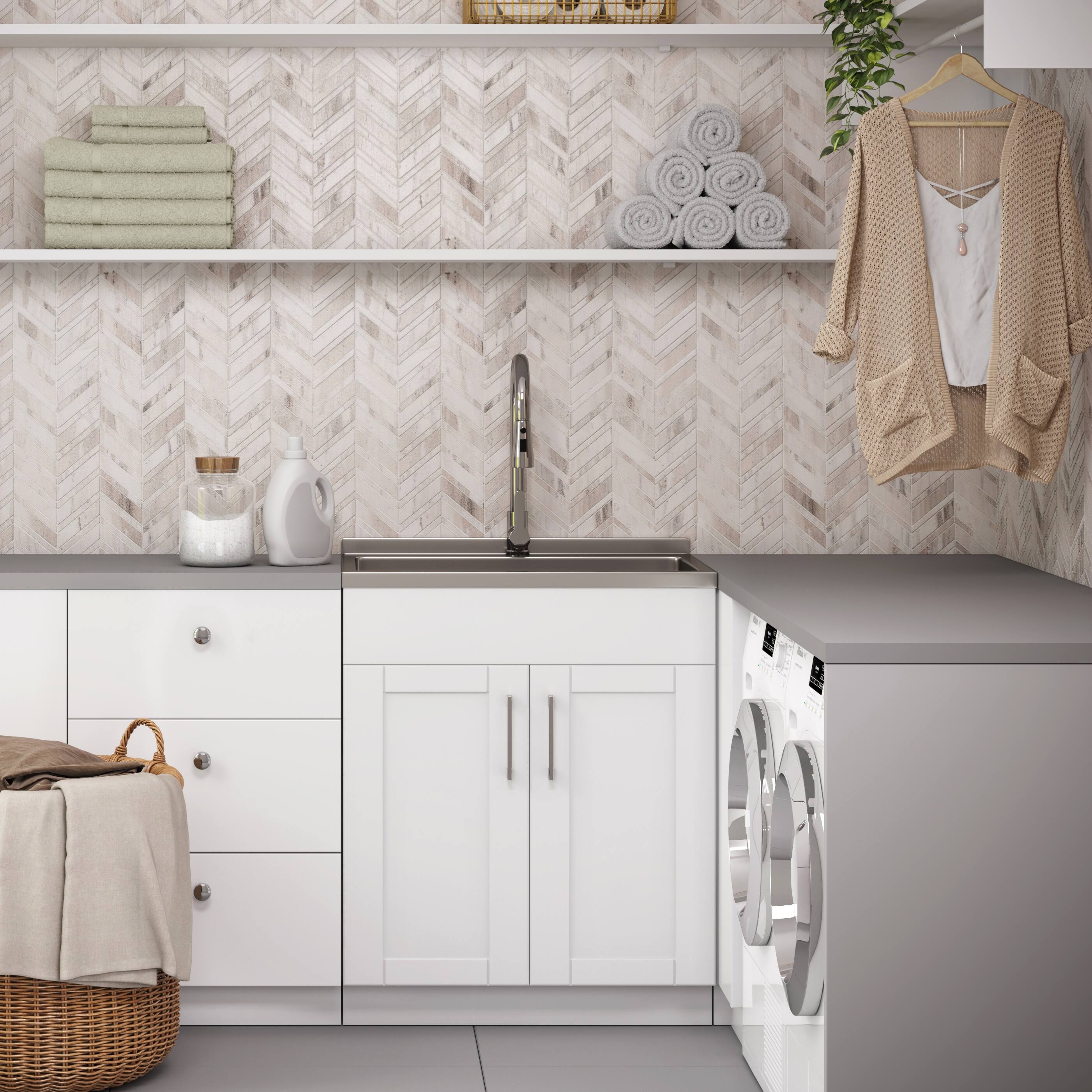 Angle. Simpli Home - Modern Wide Shaker All-In-One 28-inch Laundry Utility Sink and Cabinet - Pure White.