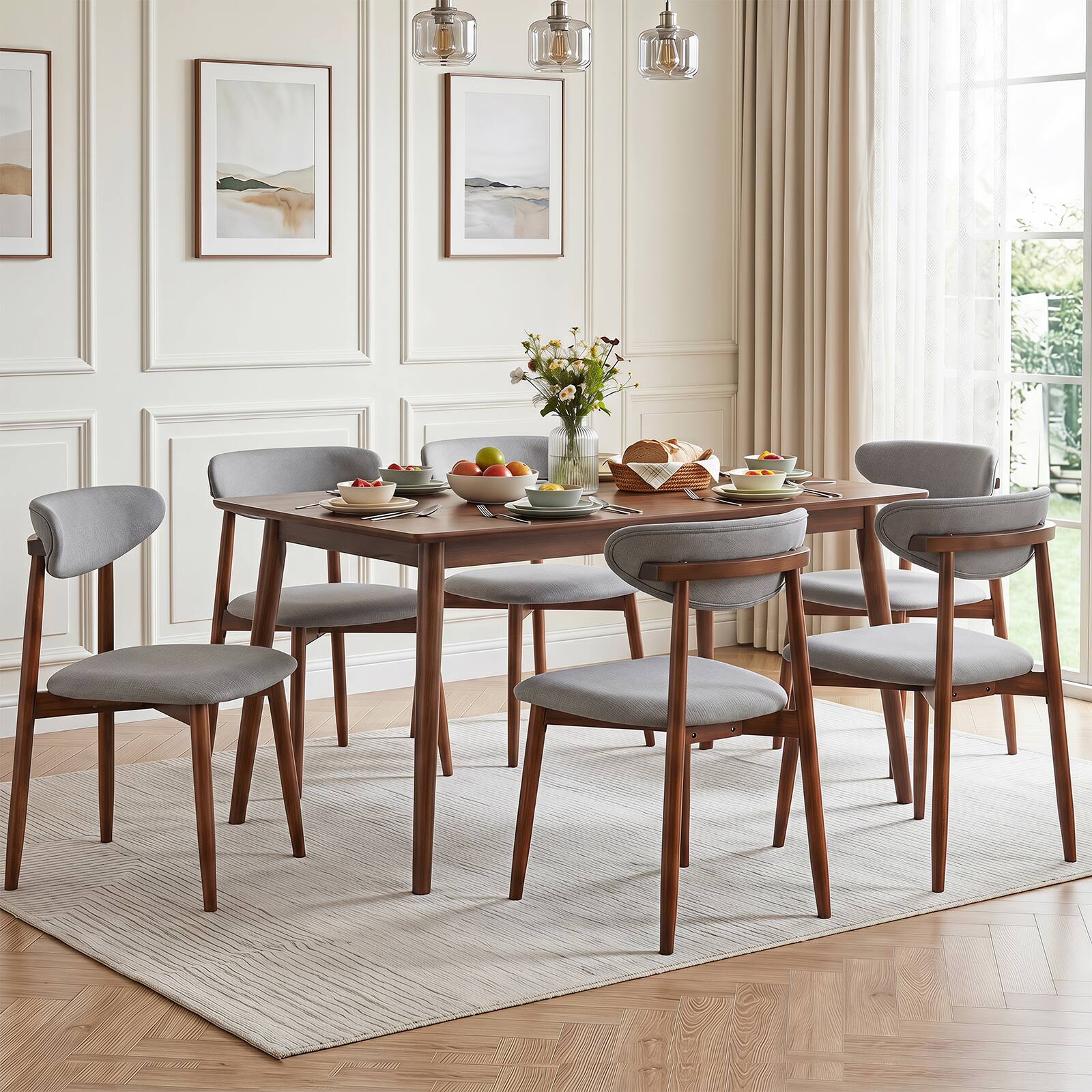 Alt View 4. Costway - Costway 2 PCS Dining Chairs Fabric Upholstered Kitchen Chairs with Curved Backs Padded Seats - Gray + Walnut.