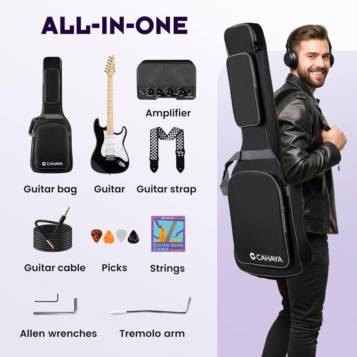 ALL-IN-ONE

- Guitar bag
- Guitar
- Guitar strap
- Amplifier
- Guitar cable
- Picks
- Electric Guitar Strings
- Allen wrenches
- Tremolo arm