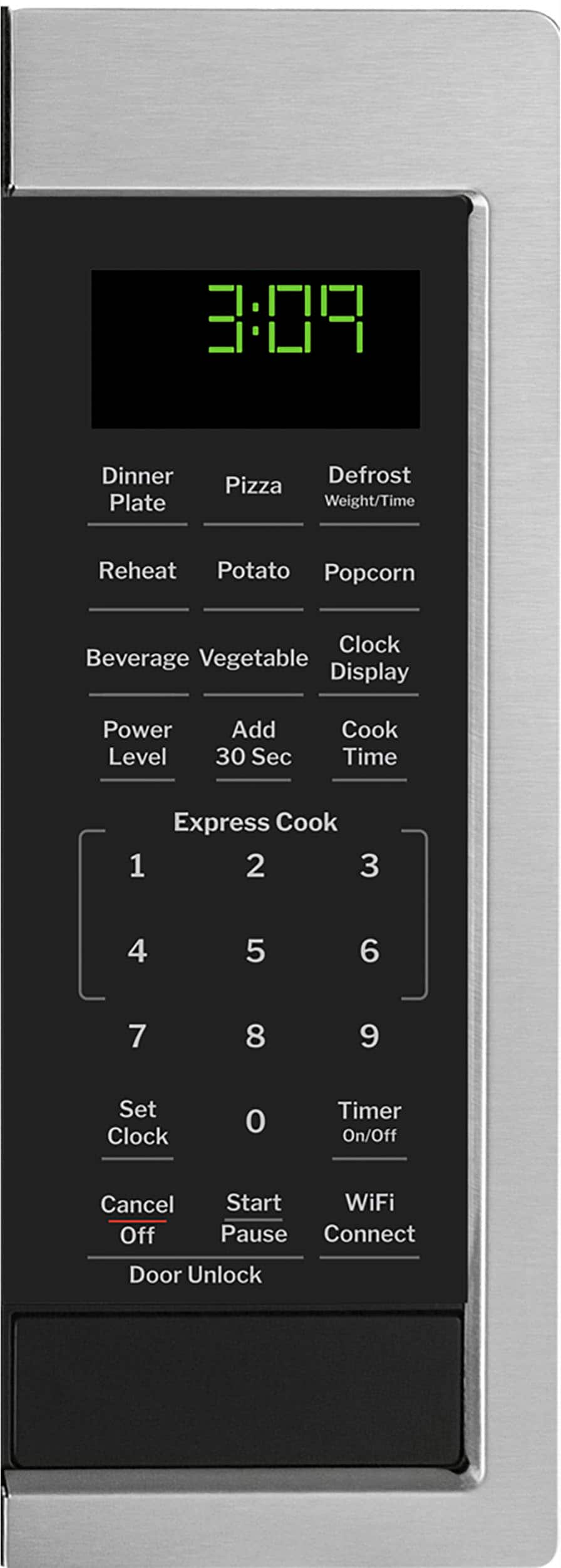 The image shows a digital clock with various buttons on it. The clock displays the time as 3:01. The buttons on the clock include options for dinner plate, defrost, pizza, weight/time, reheat, potato, popcorn, clock, beverage, vegetable, display, power level, add 30 sec cook time, express cook, 1, 2, 3, 4, 5, 6, 7, 8, 9, set clock, 0, timer on/off, cancel, off, start, WiFi, pause, and connect. There is also a button for door unlock.