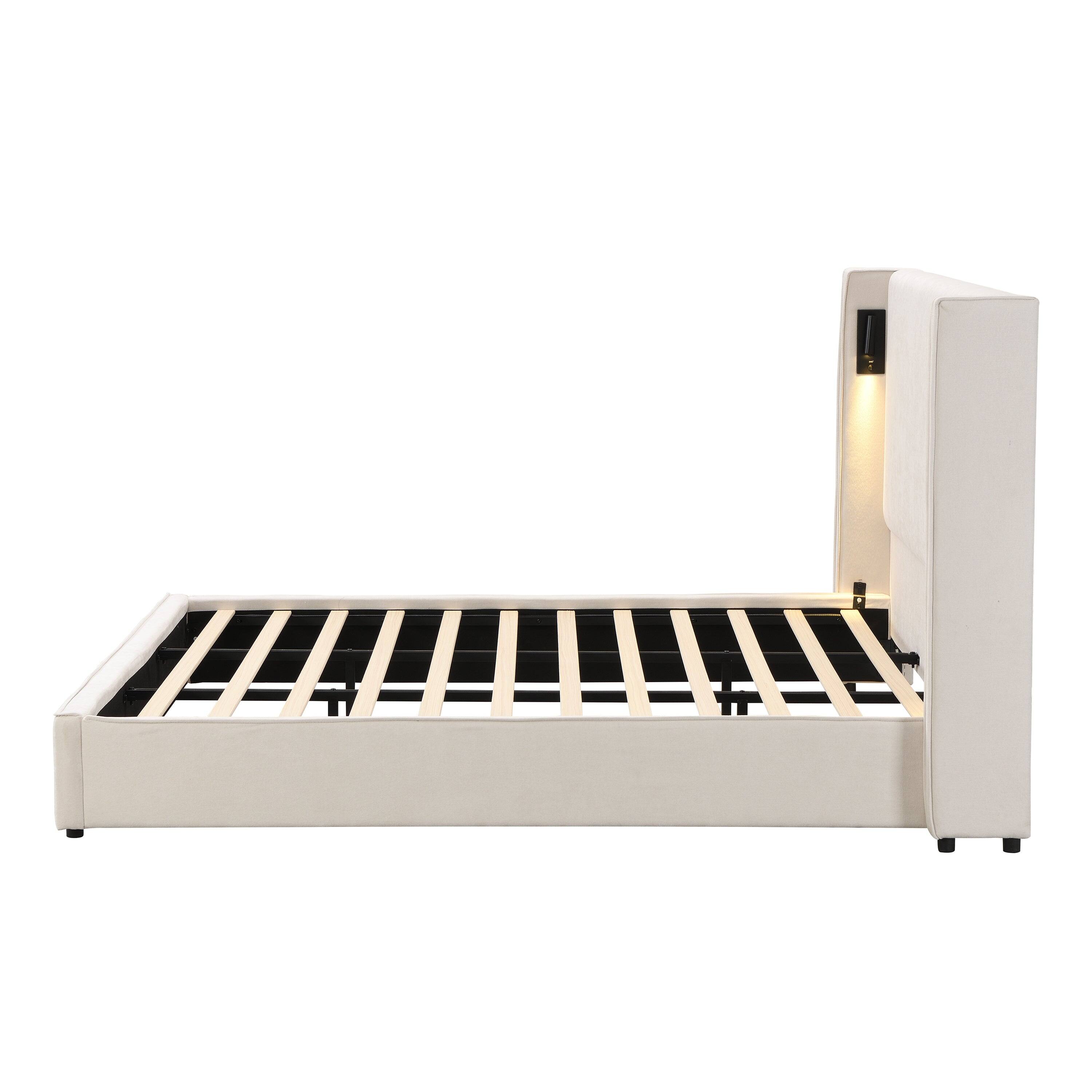 Alt View 7. Boyel Living - King Upholstered Bed Frame with Wingback Headboard, Reading Lamp, and USB Port – Beige - Beige.
