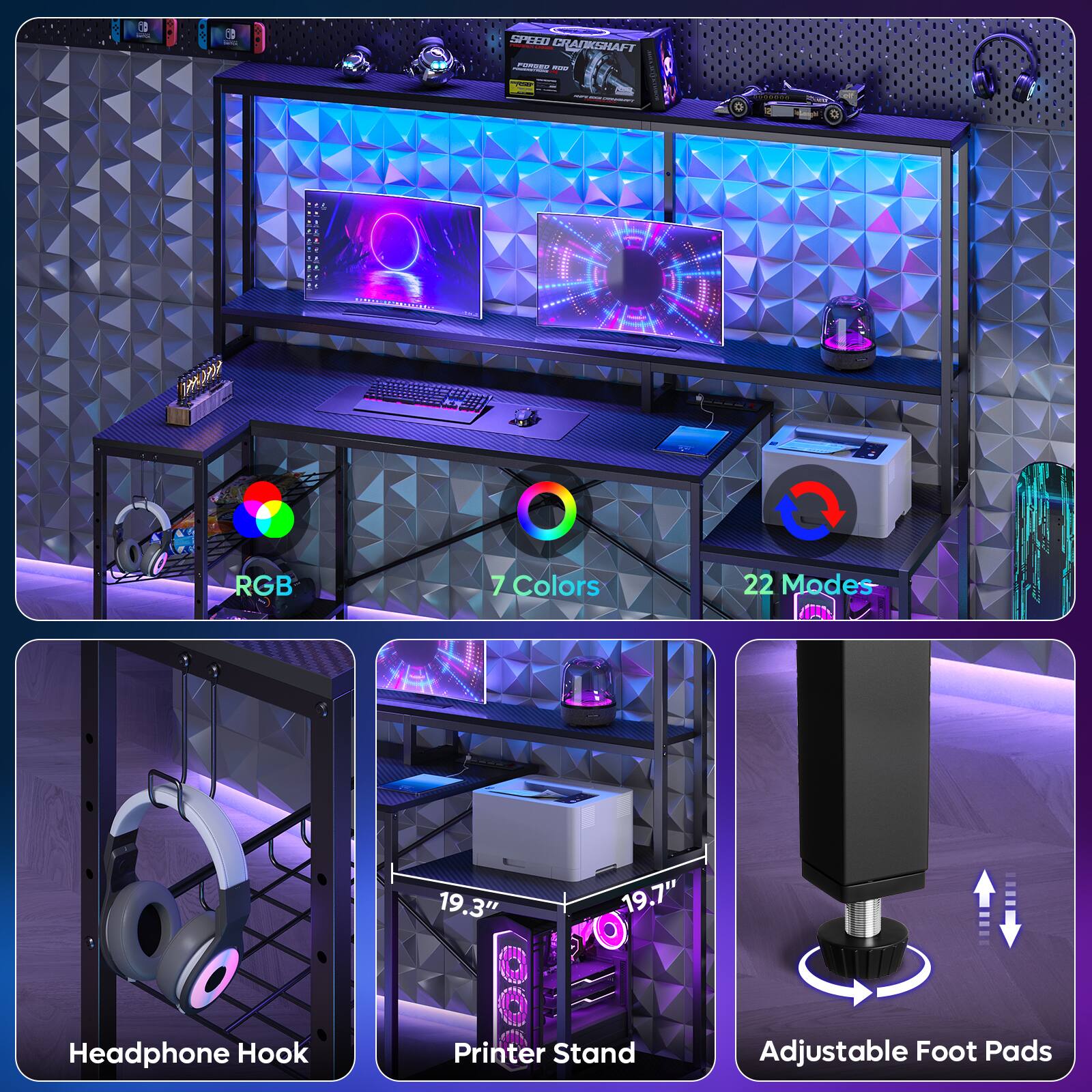 The text on the image is grouped and corrected as follows:
1. 20 GRARKGHAFT FOREO - I I I | AL RGB 7 Colors 22 Modes TU S Headphone Hook 19.3" 19.7" 00 Printer Stand Adjustable Foot Pads
The image features a computer desk with a monitor, keyboard, and mouse. There is also a printer stand and adjustable foot pads available. The desk is designed to accommodate a variety of electronic devices, including a headphone hook and a printer stand. The desk is equipped with a monitor, keyboard, and mouse, making it a functional workspace for various tasks.