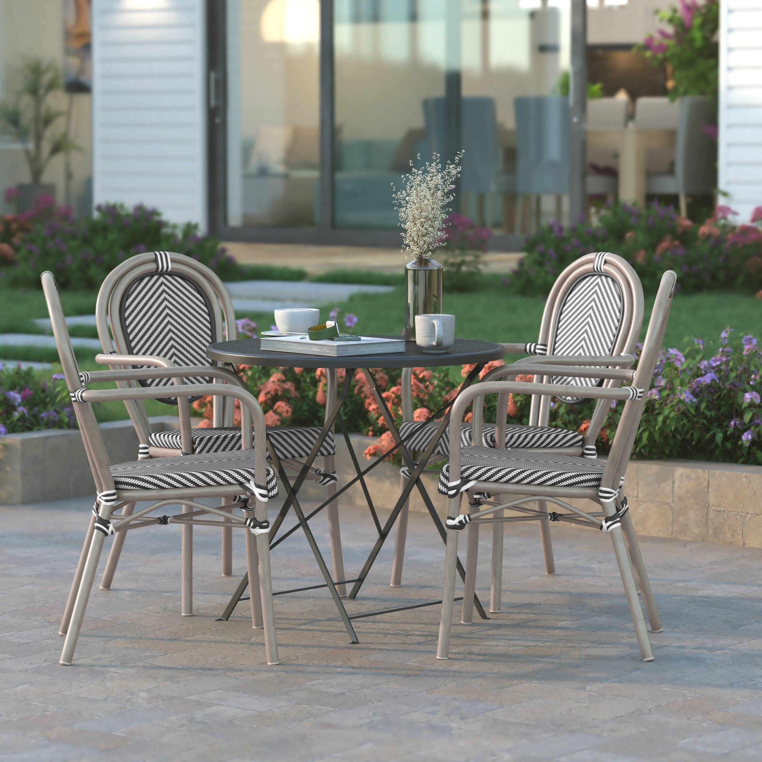 Alt View 4. Emma + Oliver - 4 Pack Stacking Bistro Chair with Bamboo Print Metal Frame - Black & White/Light Natural Frame.