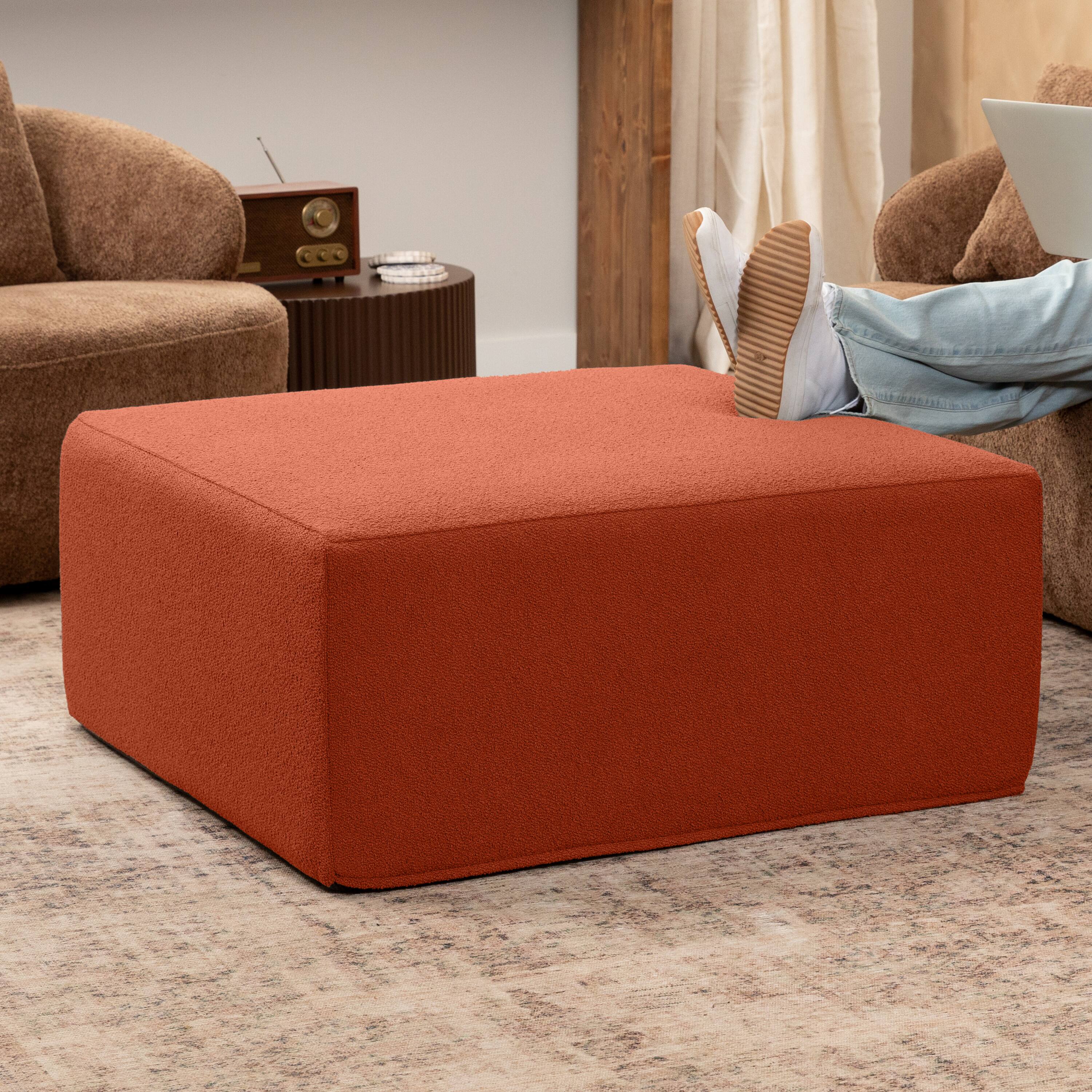 Angle. Jaxx - Jaxx Fairlie Couch Ottoman - Oversized Square Foam Coffee Table Ottoman, 36", Luxe Boucle, Boucle Terra Cotta - Boucle Terra Cotta.