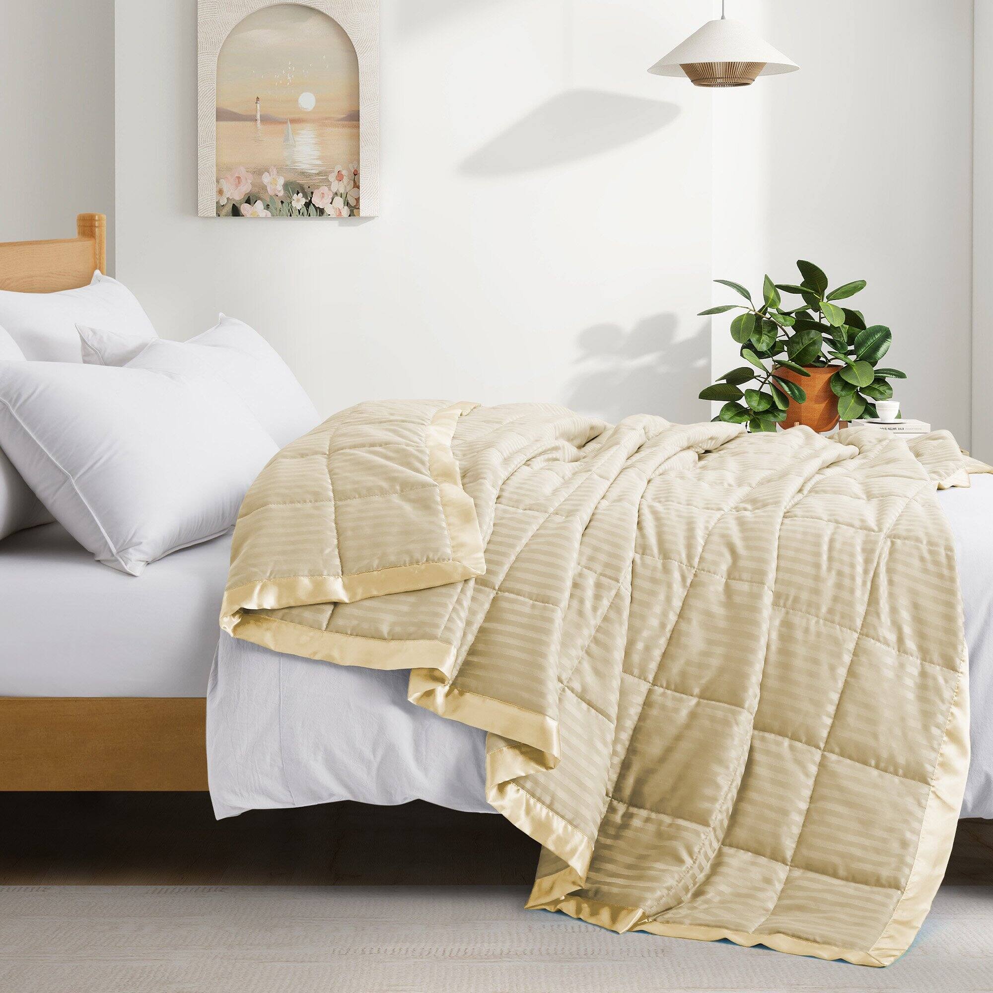 Angle. Nest - Peace Nest Hotel Quality Luxury All Season Jacquard Soft Bed Blanket with Satin Trim Cozy and Warm - Khaki.