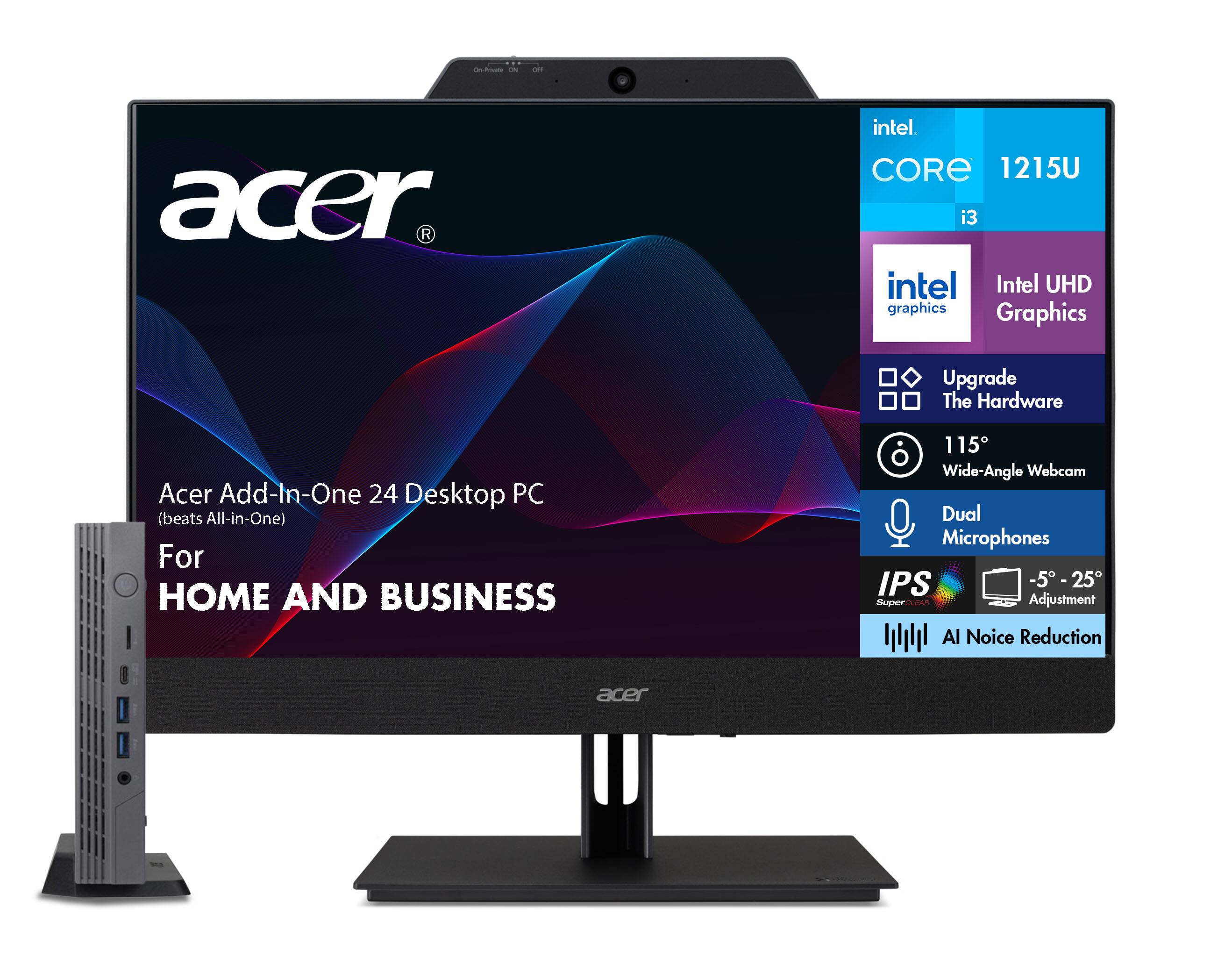 Acer R Intel CORE i3 1215U Intel UHD Graphics Graphics Upgrade The Hardware Acer Add-In-One 24 Desktop PC (beats All-in-One) For HOME AND BUSINESS 115 Wide-Angle Webcam Dual Microphones IPS -5 - 25 -5 SuperCLEAR Adjustment AI Noise Reduction