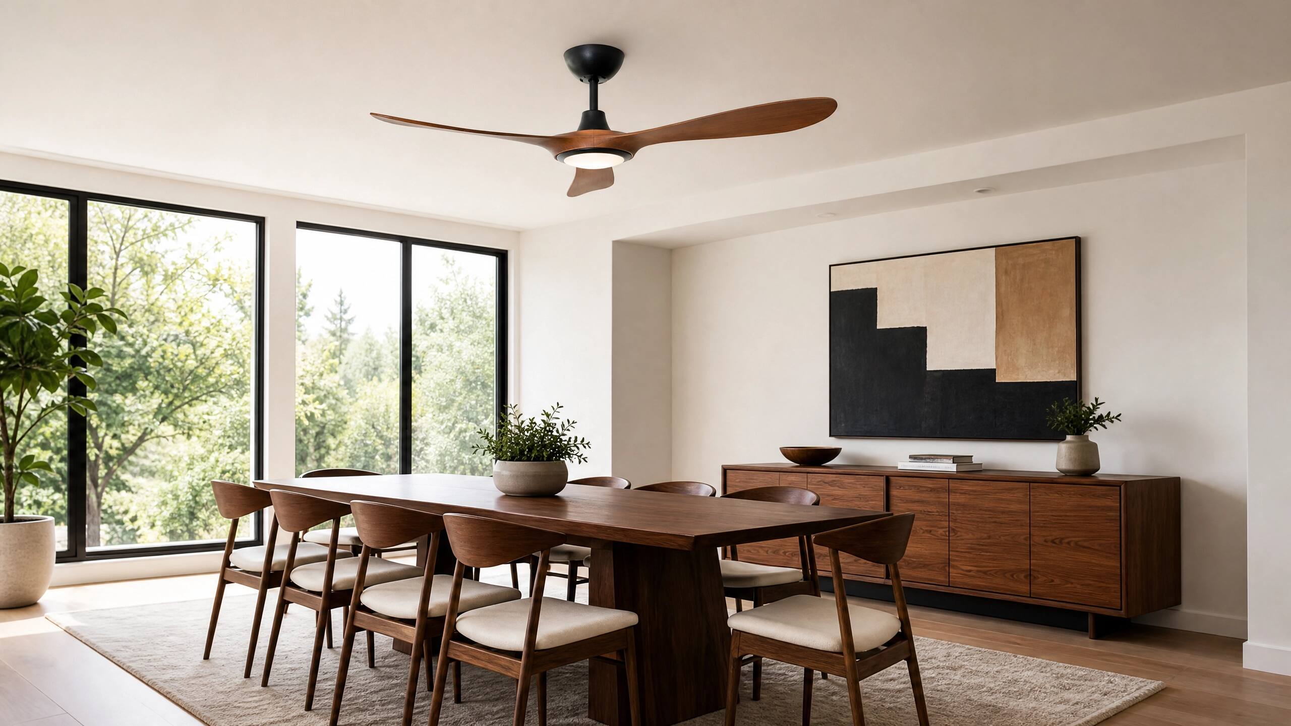 Left. ENLIGHT - 56" Smart Ceiling Fan, IP66 Outdoor & Coastal, CCT & Dimmable LED, Durable, Efficient & Quiet DC Motor, Matter, 3 Blades - Teak Woodgrain.
