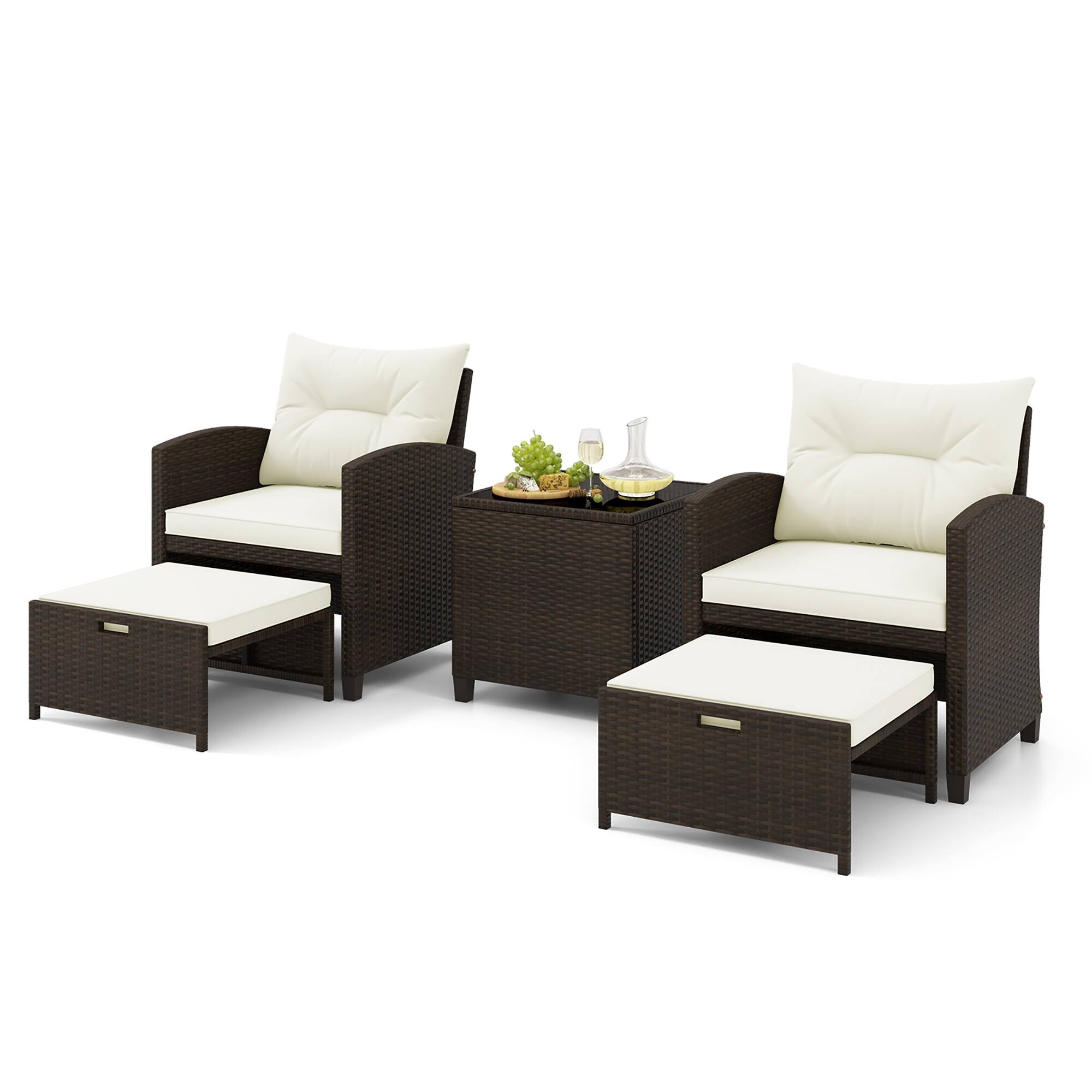 Gymax - 5 PCS Rattan Furniture w/ & Tempered Glass & 2 Ottomans Coffee Table Patio Off - White