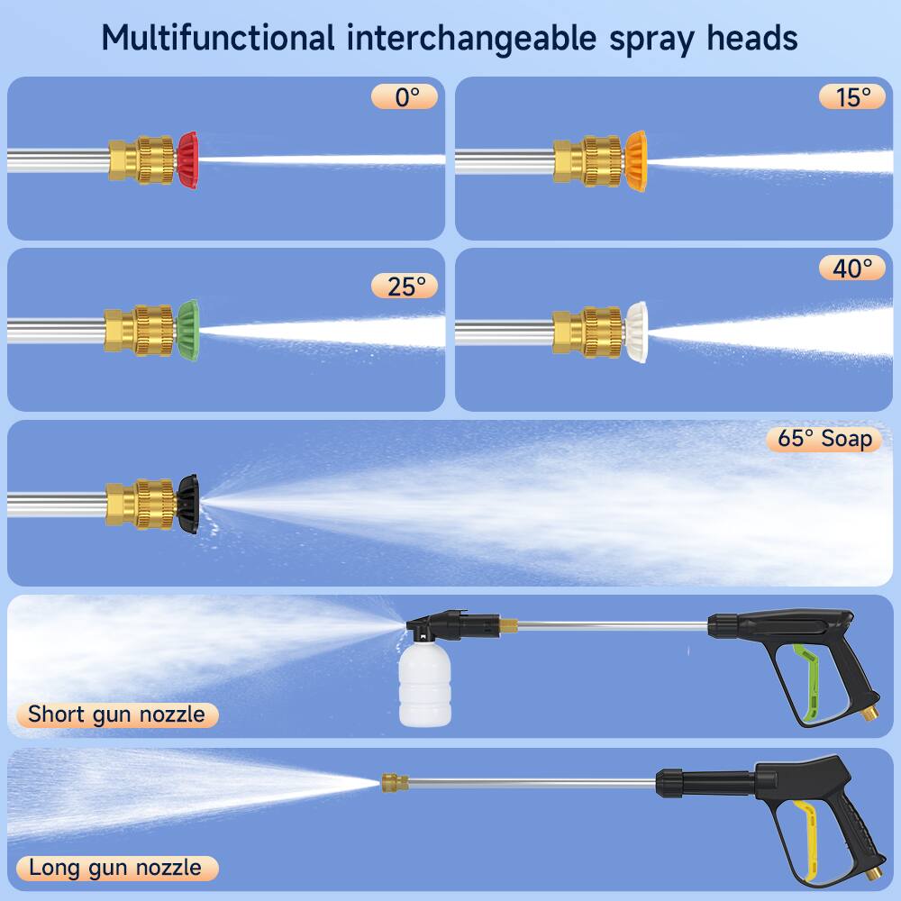 Multifunctional interchangeable spray heads

0° 15° 25° 40° 65° Soap

Short gun nozzle

Long gun nozzle