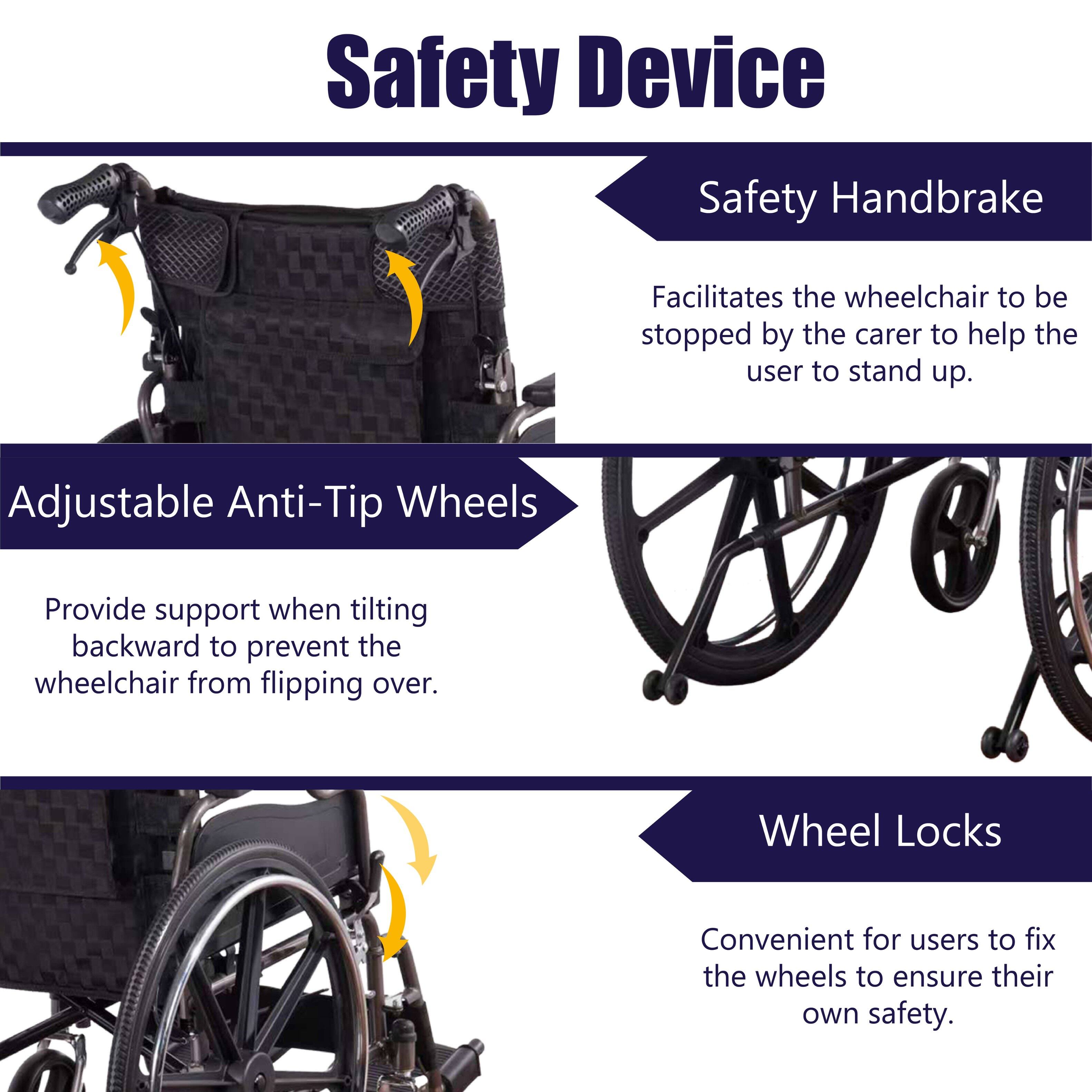 Safety Device

- **Safety Handbrake**  
  Facilitates the wheelchair to be stopped by the carer to help the user to stand up.

- **Adjustable Anti-Tip Wheels**  
  Provide support when tilting backward to prevent the wheelchair from flipping over.

- **Wheel Locks**  
  Convenient for users to fix the wheels to ensure their own safety.