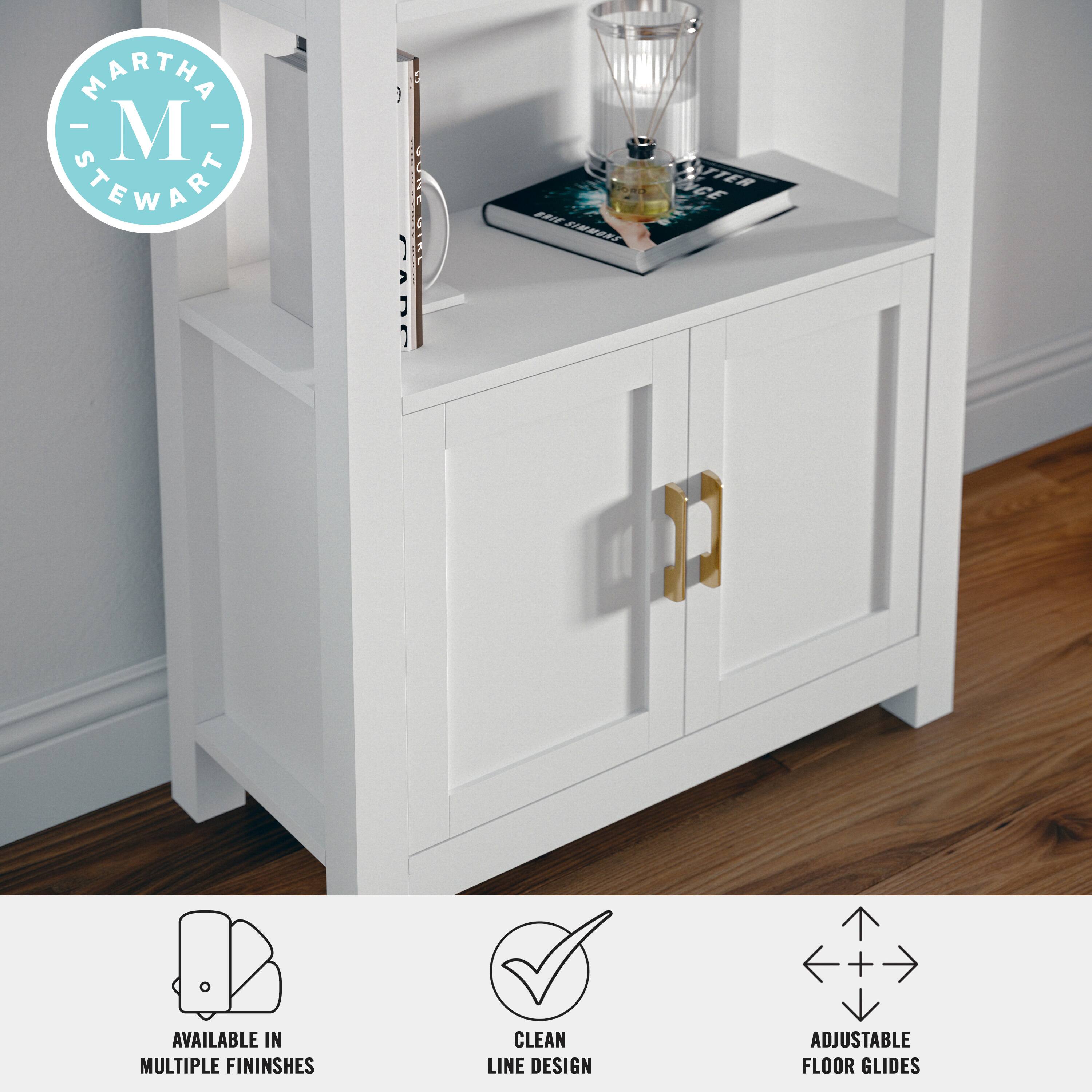 The text on the image reads: "Martha Stewart Parsons Shelves available in multiple finishes, clean line design, adjustable floor glides."