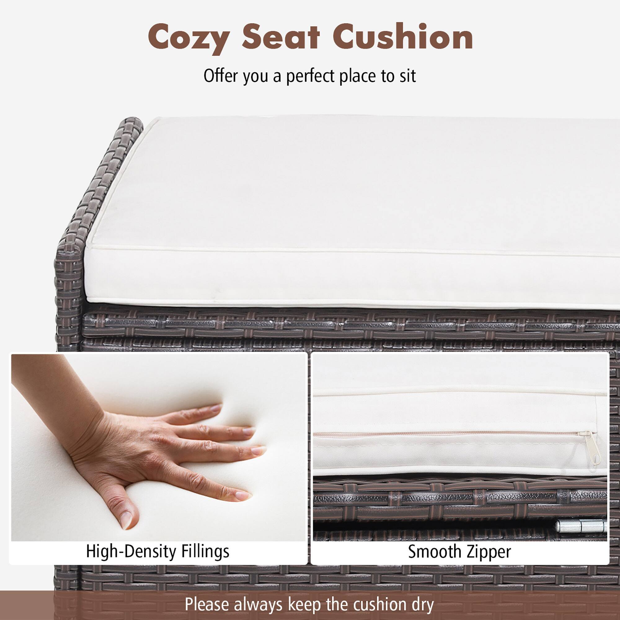 Cozy Seat Cushion  
Offer you a perfect place to sit  

High-Density Fillings  
Smooth Zipper  

Please always keep the cushion dry