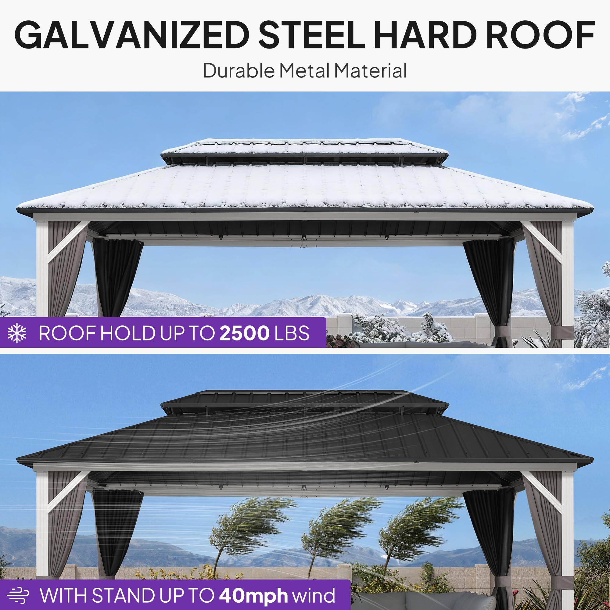 GALVANIZED STEEL HARD ROOF  
Durable Metal Material  

ROOF HOLD UP TO 2500 LBS  

WITH STAND UP TO 40mph wind