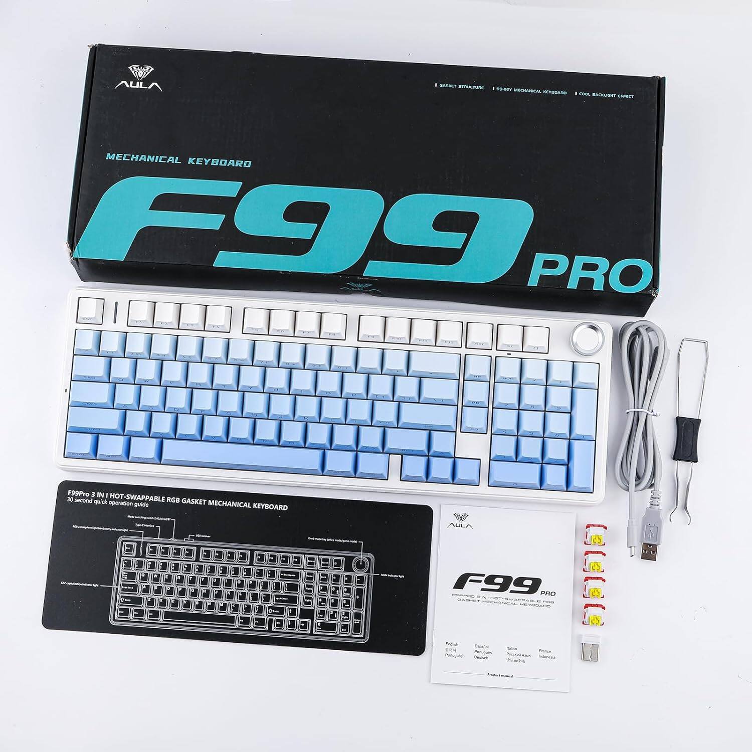 AULA - F99 PRO  
MECHANICAL KEYBOARD  

- GASKET STRUCTURE  
- RGB MECHANICAL KEYBOARD  
- COOL BACKLIGHT EFFECT  

F99 PRO  
2 IN 1 - HOT-SWAPPABLE RGB GASKET MECHANICAL KEYBOARD  
30 second quick-swappable  

AULA  
F99 PRO  
MECHANICAL KEYBOARD  

- GASKET STRUCTURE  
- RGB MECHANICAL KEYBOARD  
- COOL BACKLIGHT EFFECT  

F99 PRO  
2 IN 1 - HOT-SWAPPABLE RGB GASKET MECHANICAL KEYBOARD  
30 second quick-swappable  

AULA  
F99 PRO  
MECHANICAL KEYBOARD  

- GASKET STRUCTURE  
- RGB MECHANICAL KEYBOARD  
- COOL BACKLIGHT EFFECT  

F99 PRO  
2 IN 1 - HOT-SWAPPABLE RGB GASKET MECHANICAL KEYBOARD  
30 second quick-swappable  

AULA  
F99 PRO  
MECHANICAL KEYBOARD  

- GASKET STRUCTURE  
- RGB MECHANICAL KEYBOARD  
- COOL BACKLIGHT EFFECT  

F99 PRO  
2 IN 1 - HOT-SWAPPABLE RGB