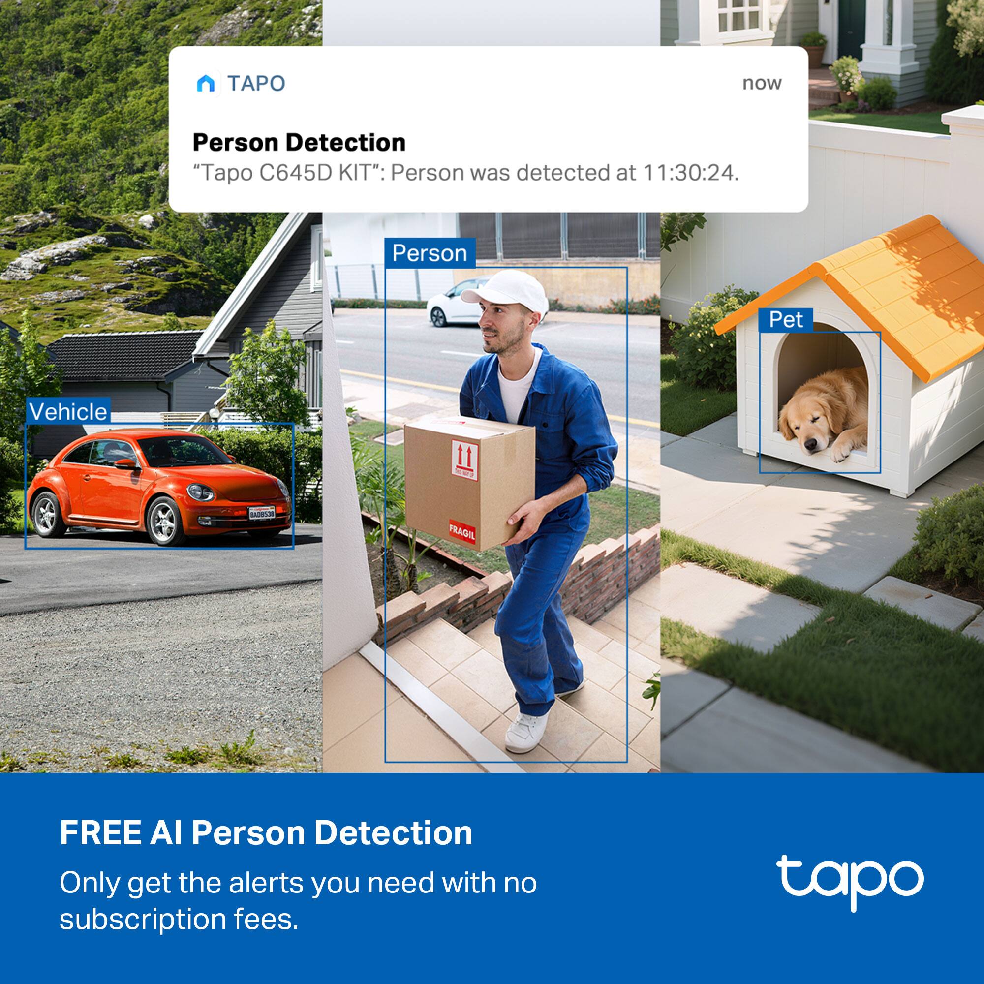 TAPO  
Person Detection  
"Tapo C645D KIT": Person was detected at 11:30:24.  

Vehicle  
Person  
Pet  

FREE AI Person Detection  
Only get the alerts you need with no subscription fees.  

tapo