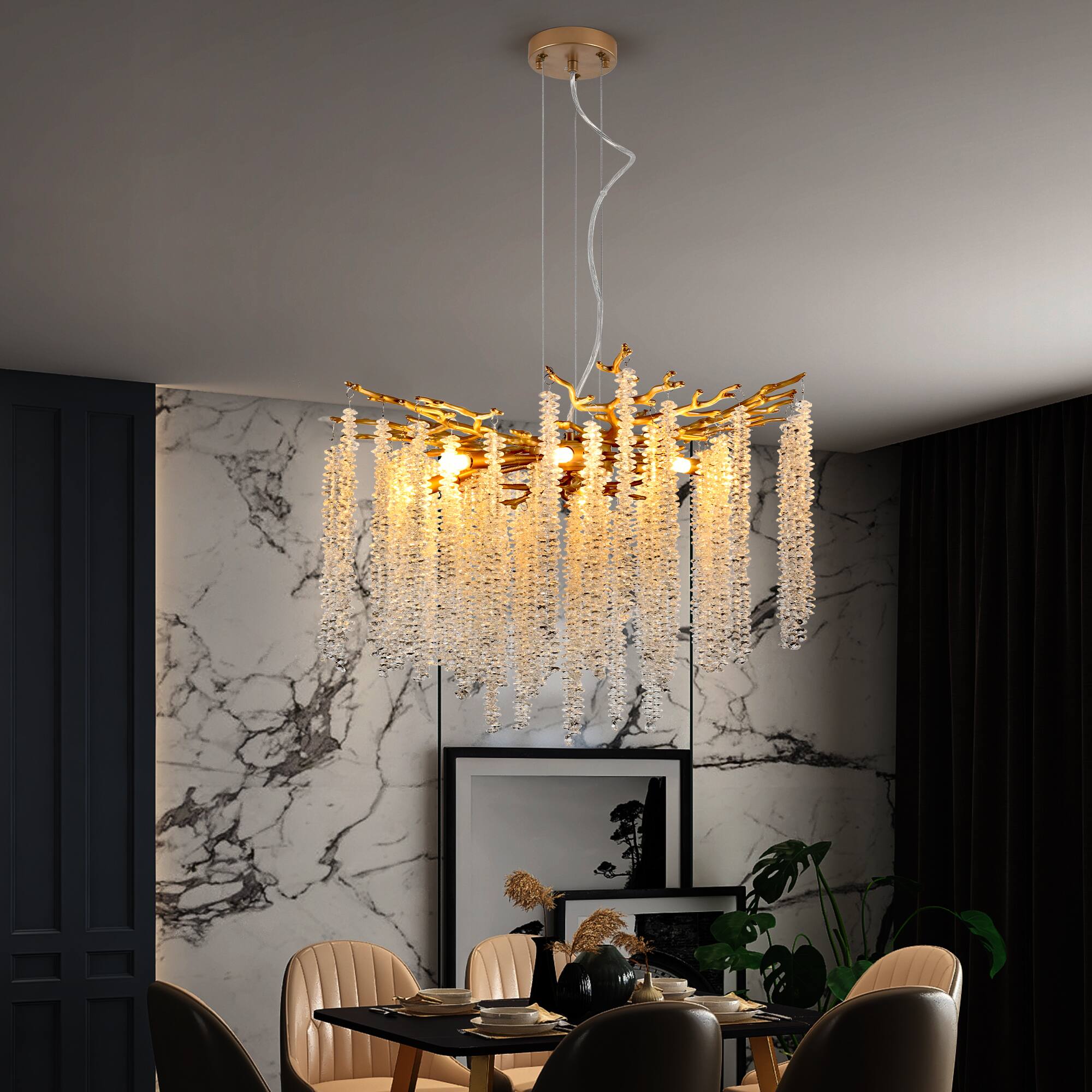 Angle. APRILSOUL - 24-inch Modern Golden Pendant Light with Cascading Crystal Strands Decorative Lighting Fixture Bulb Not Included.