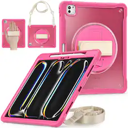 Dteck - Rugged Case for Apple iPad Pro (M4) 13" 2024 Built-in Screen Protector, Shockproof Kickstand Cover with Shoulder Strap - Rose