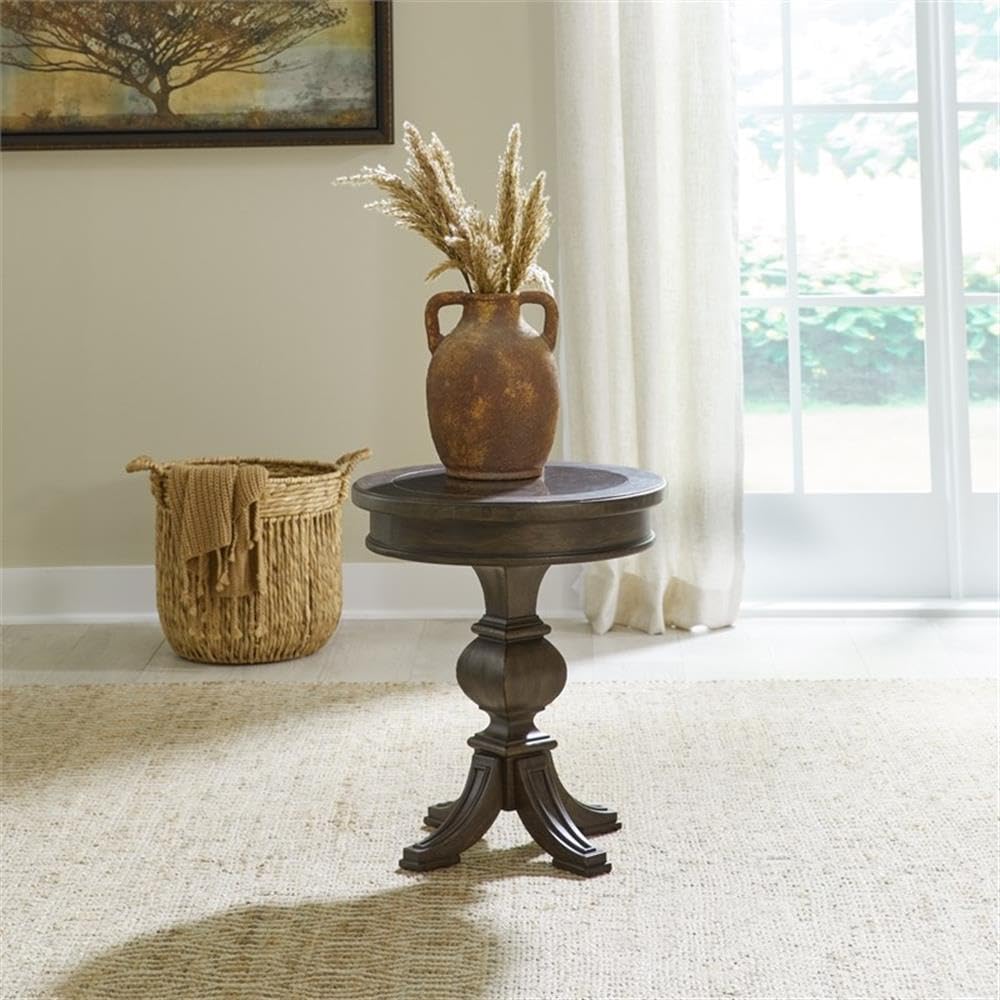 Angle. Liberty Furniture Industries - Round Pedestal Chairside Table Traditional - Saddle Brown Oak Wood - Saddle Brown.