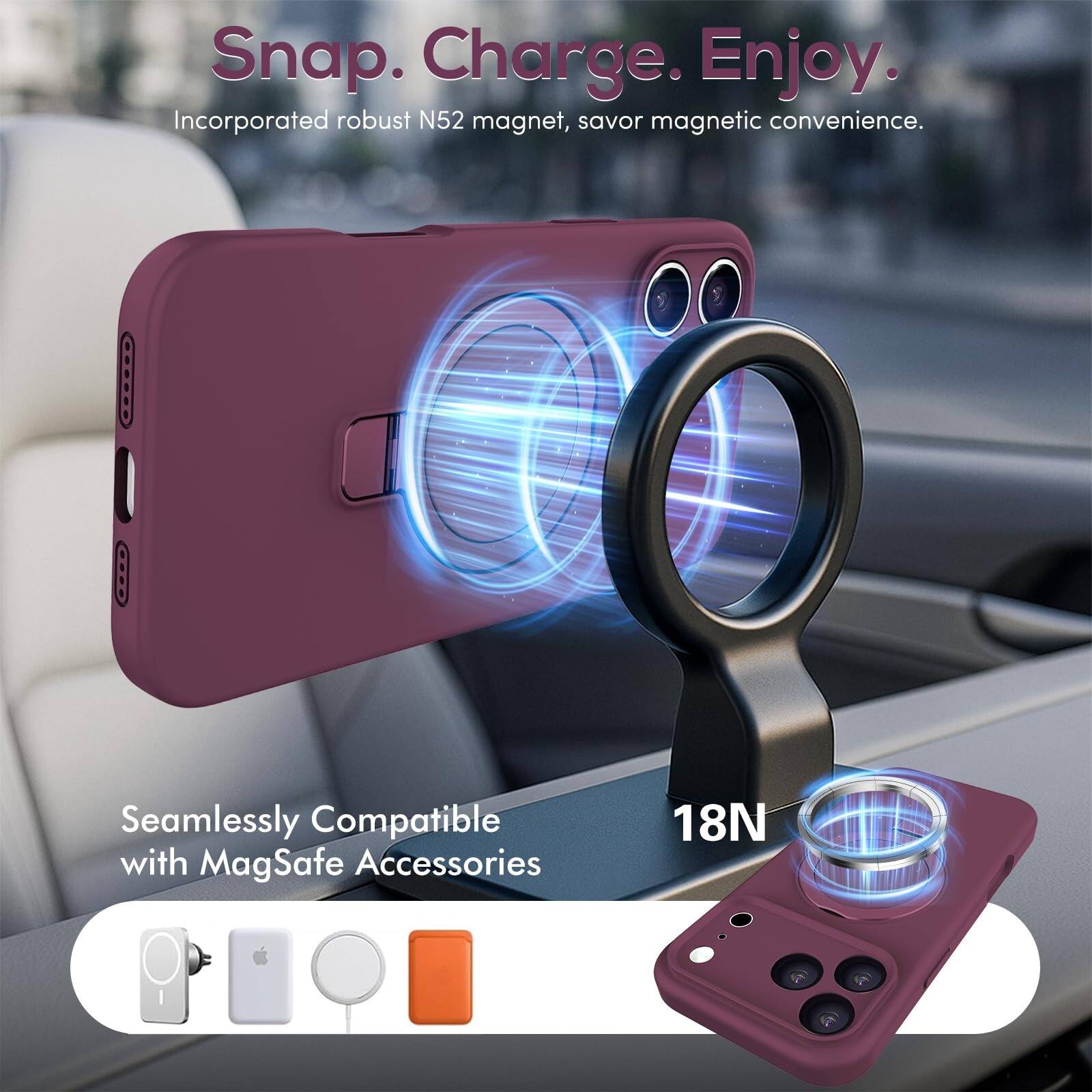 Snap. Charge. Enjoy.  
Incorporated robust N52 magnet, savor magnetic convenience.  
Seamlessly Compatible with MagSafe Accessories  
18N