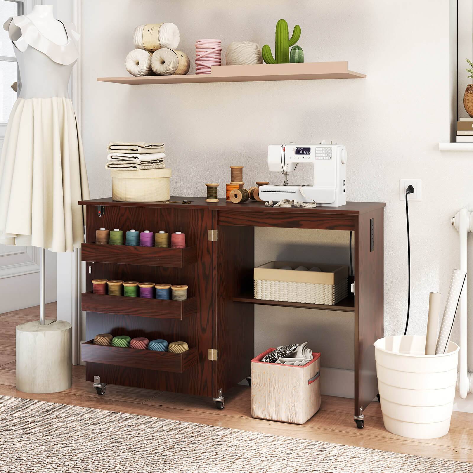 Alt View 1. Costway - Costway Folding Sewing Table Rolling Craft Station with 3 Storage Bins & Charging Station - Brown.