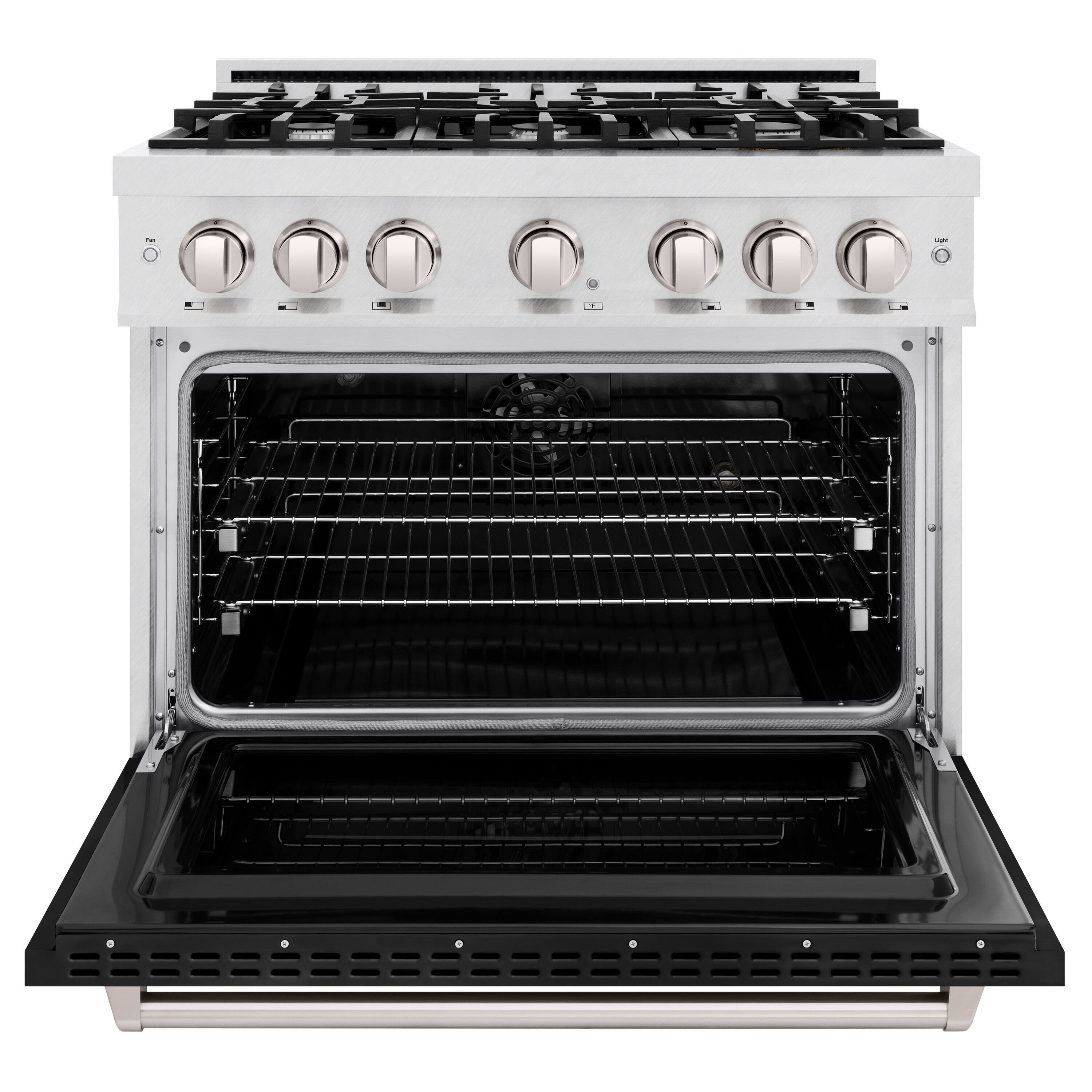 Angle. ZLINE - ZLINE 36 in. Classic Dual Fuel Satin Steel Range w/ 6 Burner Cooktop & Black Matte Door (CDRS-BLM-36) - Stainless Steel.