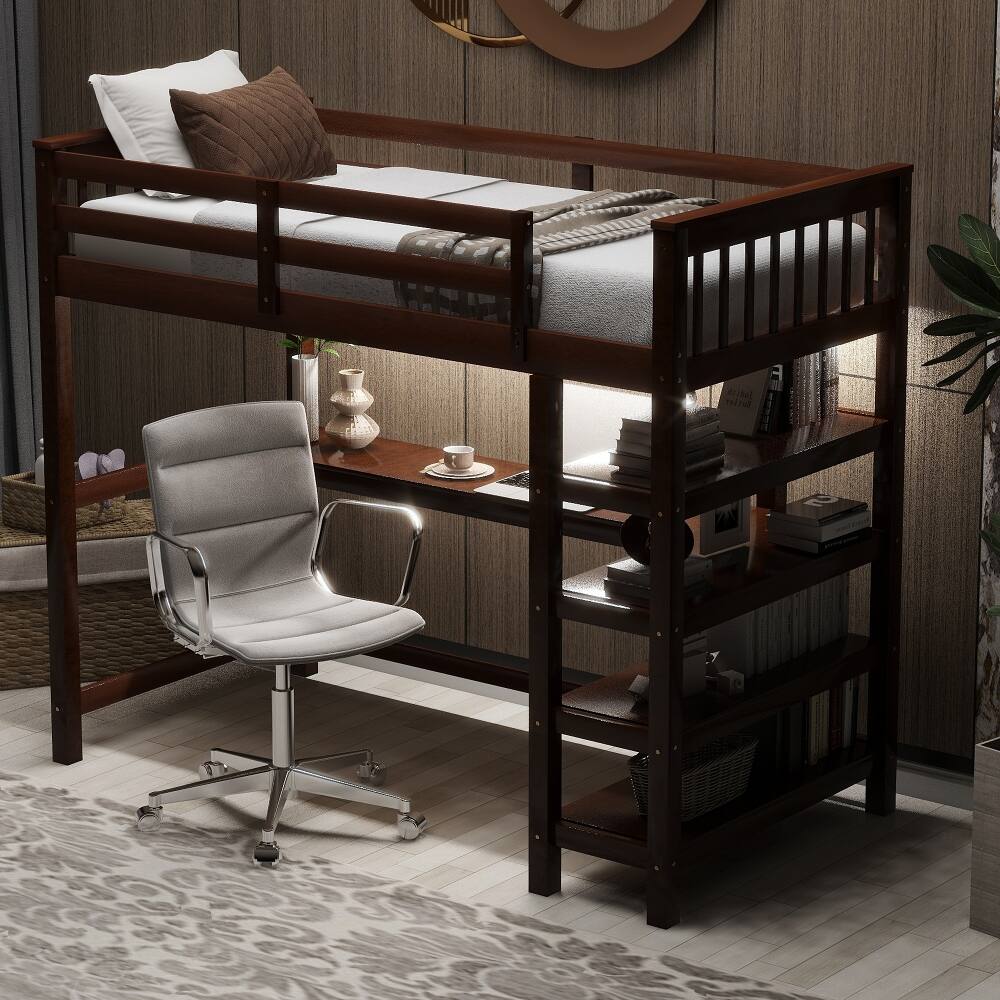Angle. Loheer - Loheer Twin Size Loft Bed with Desk and Storage Shelves, Espresso Wood Loft Bed with LED Lights - Espresso.