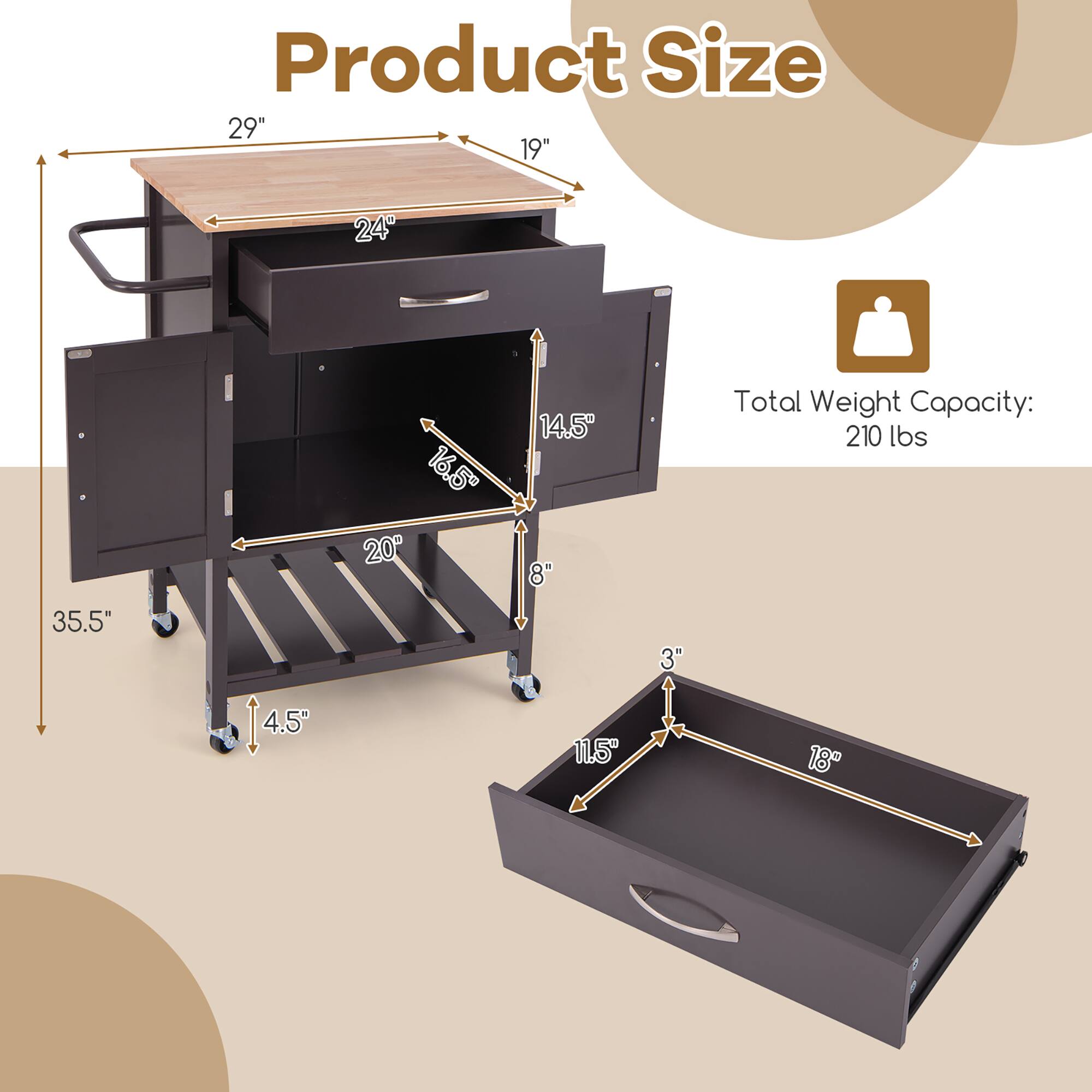 Product Size  
29" x 19" x 24" x 16.5" x 20" x 14.5" x 8"  
Total Weight Capacity: 210 lbs  
35.5" x 4.5" x 11.5" x 3" x 18"