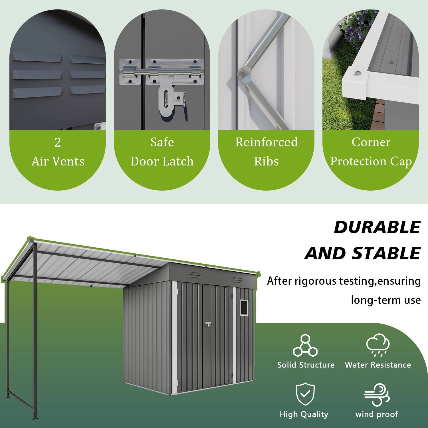 2 Air Vents  
Safe Door Latch  
Reinforced Ribs  
Protection Cap  

DURABLE AND STABLE  
After rigorous testing, ensuring long-term use  

Solid Structure  
Water Resistance  
High Quality  
Wind Proof