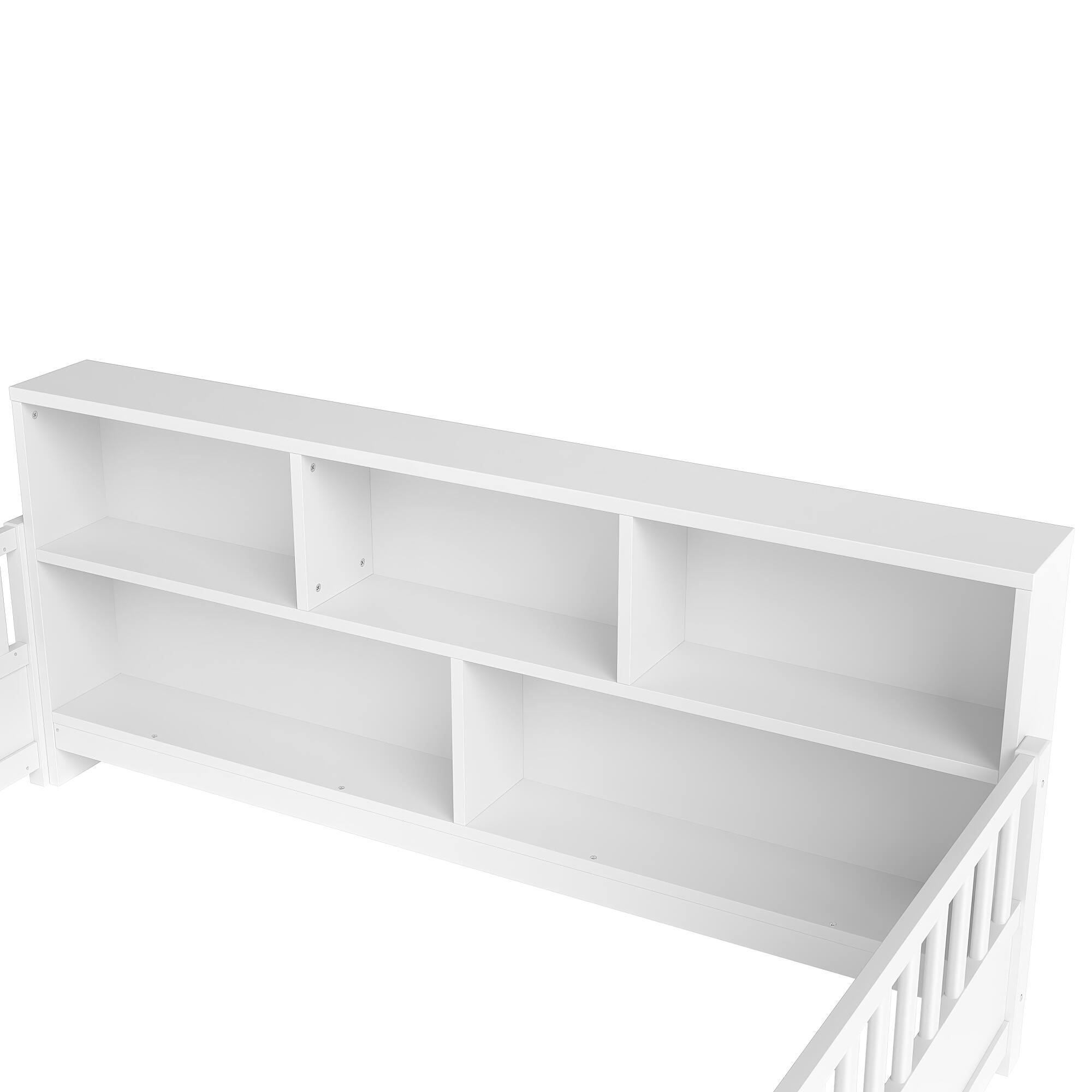 Alt View 5. GOODSILO - Full-Sized Wooden Floor Bed with Fence Guardrail and Side Storage Decorative Function in Classic White Finish - White.