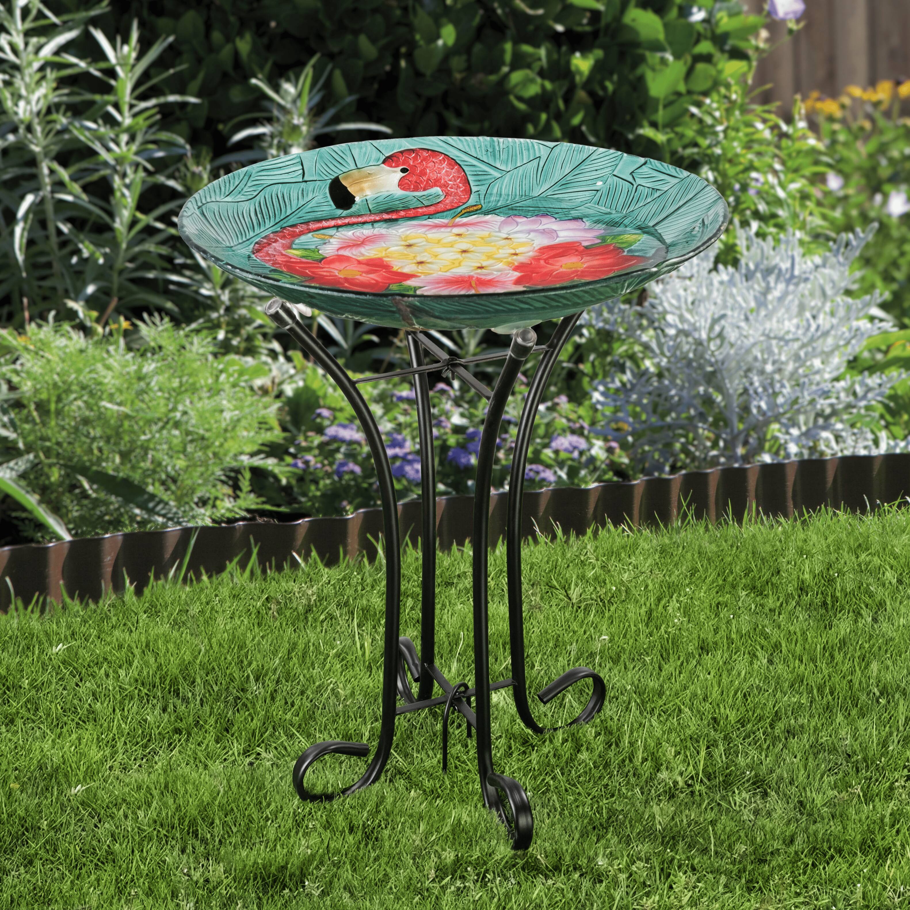 Alt View 3. Teamson Home - Teamson Home 17.8" Outdoor Handpainted Flamingo Glass Birdbath, Multi.