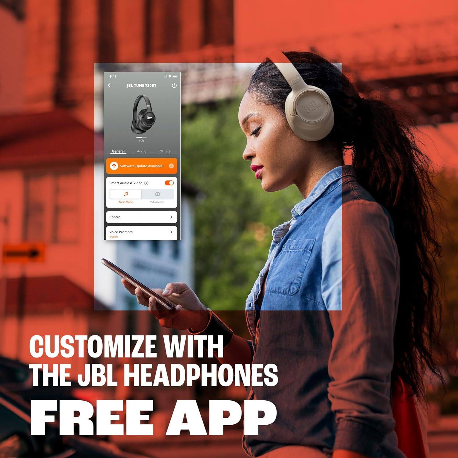 4 JP TUNE 73081 - JBL - Several Audio users saw this update: Smart Audio 4 vtes -a - - - Comnos 1 Woe Prompts trah - CUSTOMIZE WITH THE JBL HEADPHONES FREE APP
