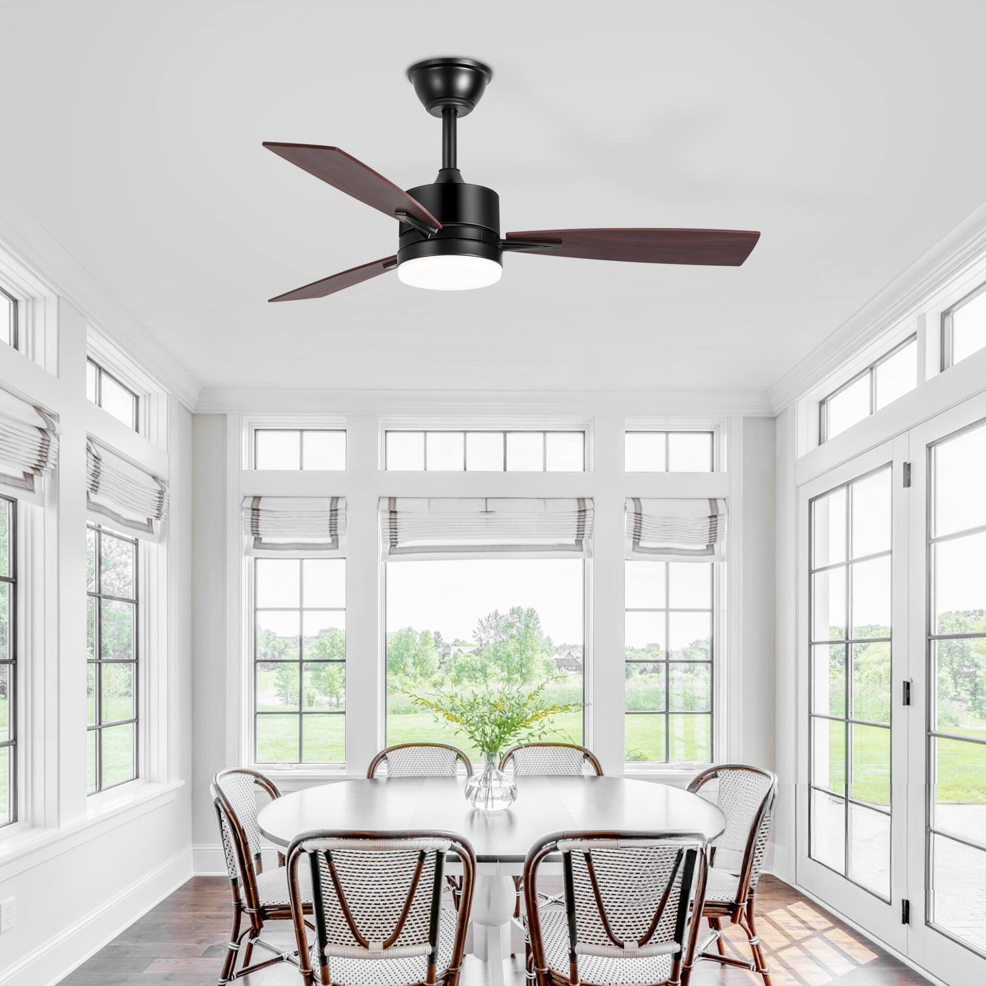 Alt View 1. Breezary - 42 Inch Modern Ceiling Fan with LED Light, Reversible 3-Blade Dual Finish, 3-Color Temperature, Remote, 2 Downrods - matte black and walnut.