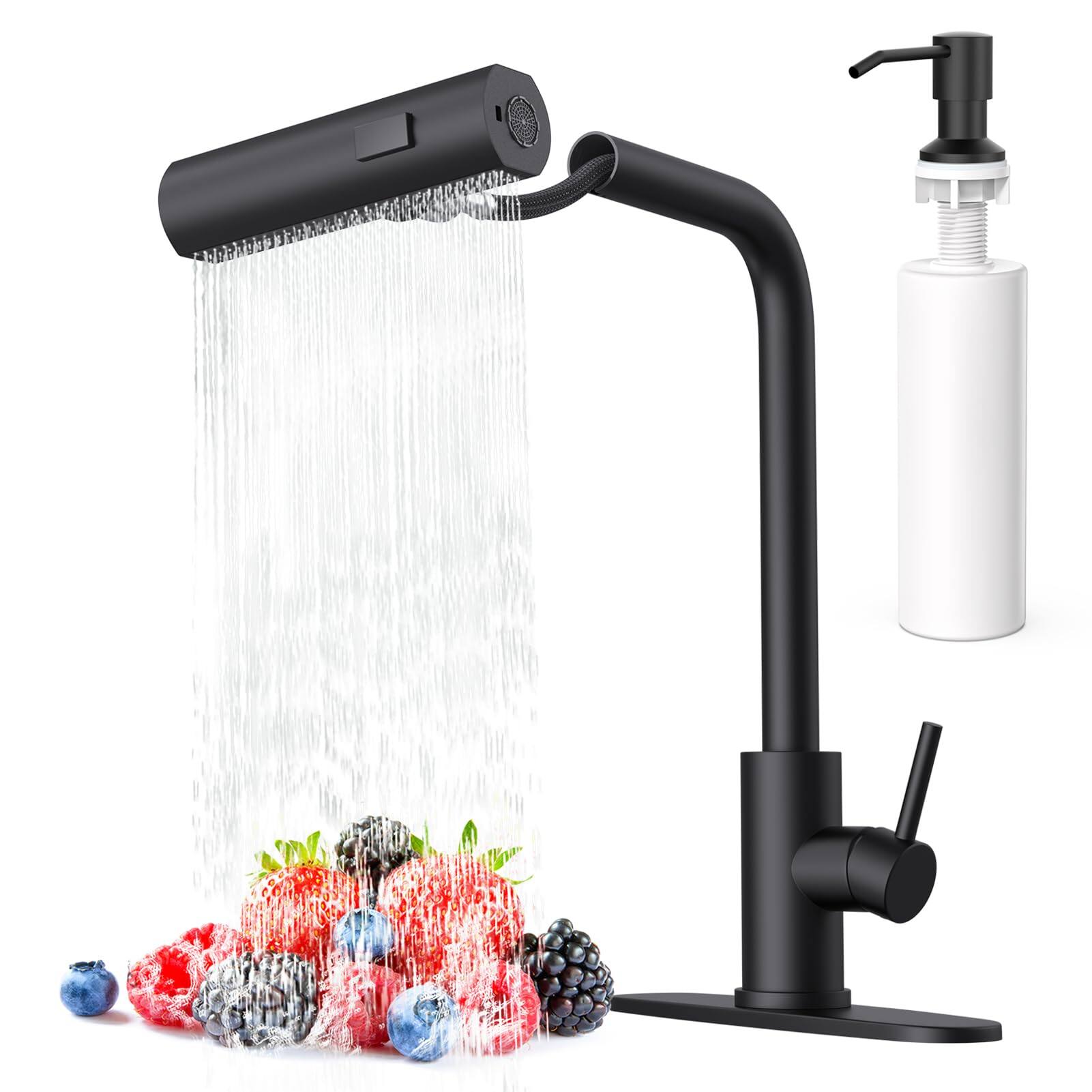 Paradigms Interiors - Waterfall Kitchen Faucets With Pull Down Sprayer Soap Dispenser In Chrome Single Hole Handle Out Tap Stainl - Black-Touch On