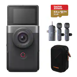 Bundle - Canon - PowerShot V10 Vlog Camera, Silver, with 64GB Memory Card, Mic, Case
