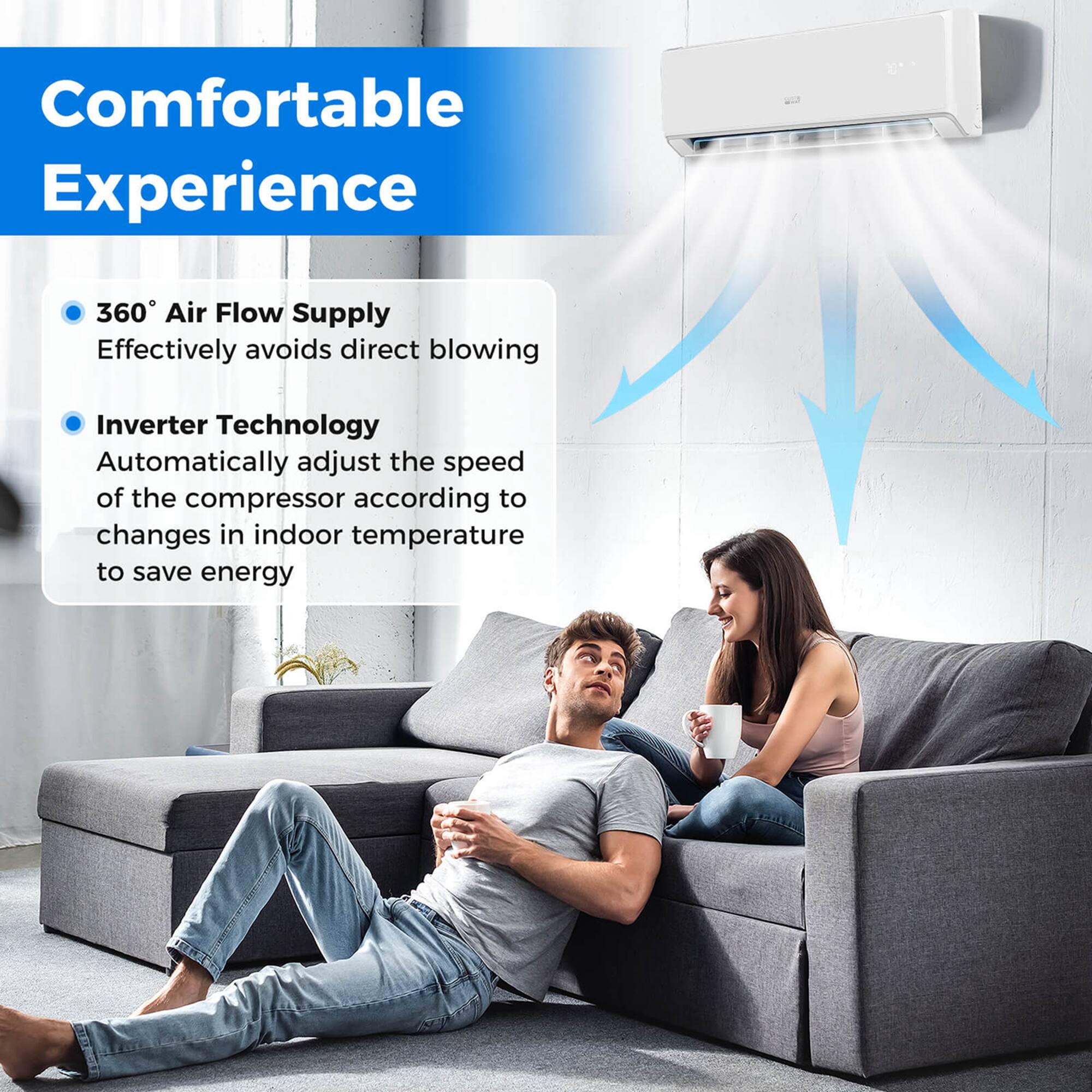 Comfortable Experience: 360 Air Flow Supply effectively avoids direct blowing. Inverter Technology: Automatically adjusts the speed of the compressor according to changes in indoor temperature to save energy.