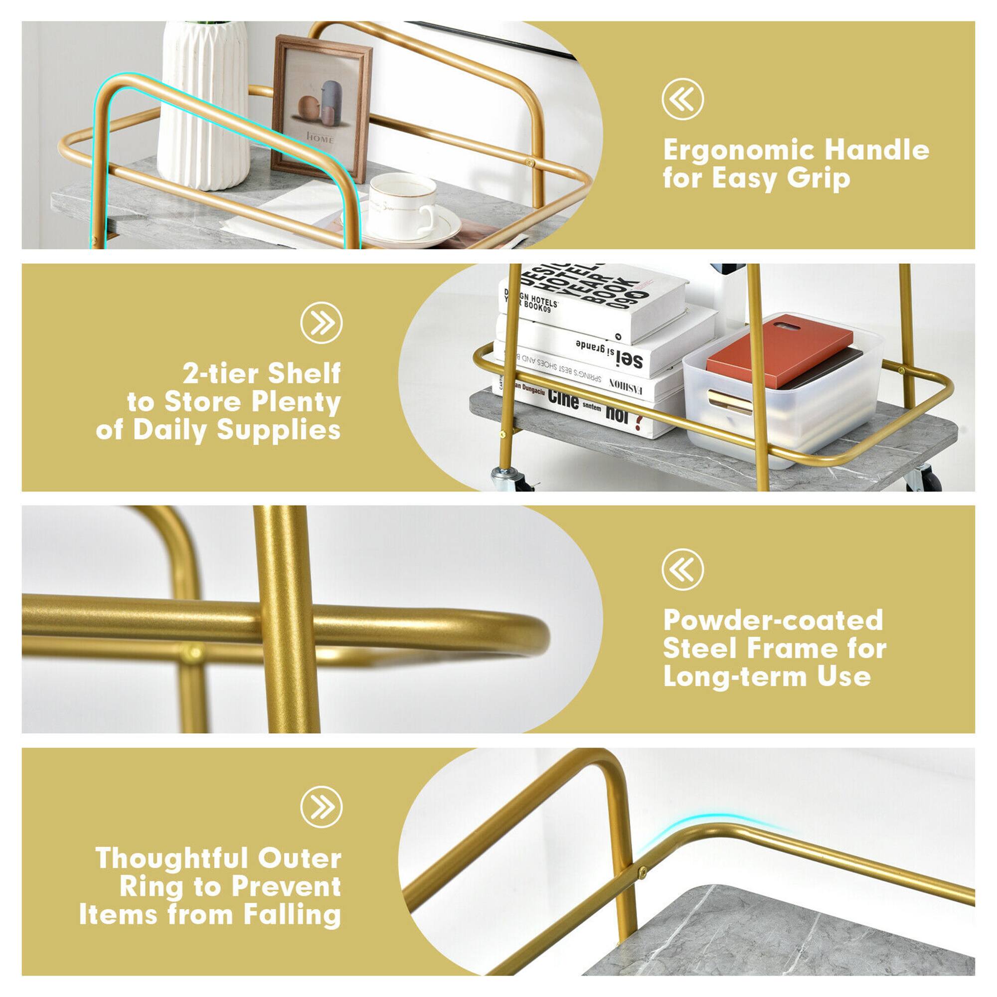 1. Ergonomic Handle for Easy Grip
2. 2-tier Shelf to Store Plenty of Daily Supplies
3. Thoughtful Outer Ring to Prevent Items from Falling
4. Powder-coated Steel Frame for Long-term Use