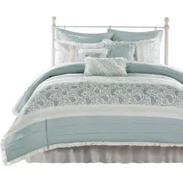 Gracie Mills - Singleton 9-Piece Cotton Percale Duvet Cover Set Shabby Farmhouse - Aqua