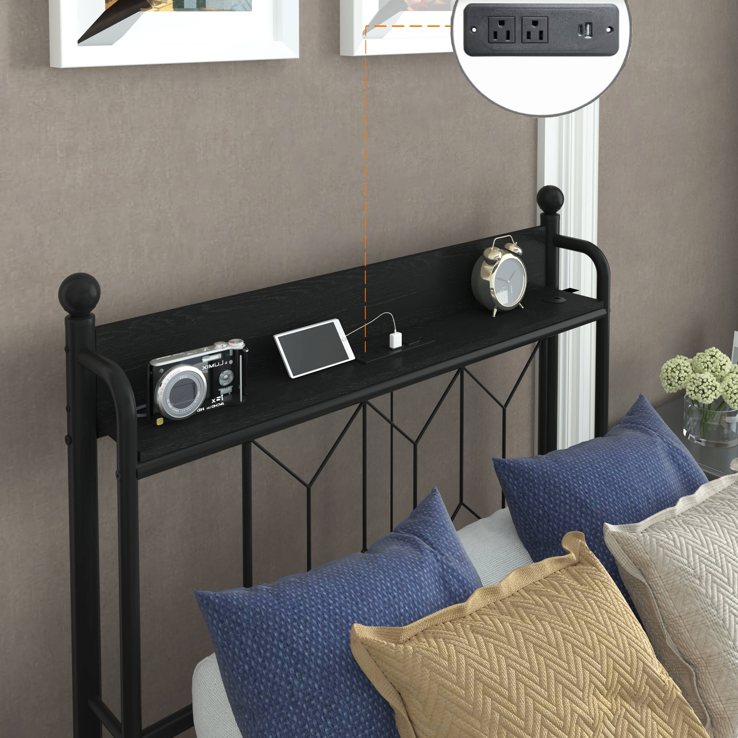 Back. LUCKY ONE - Twin Size Bed Frames With Headboard,Charging Station and LED Light - Black.