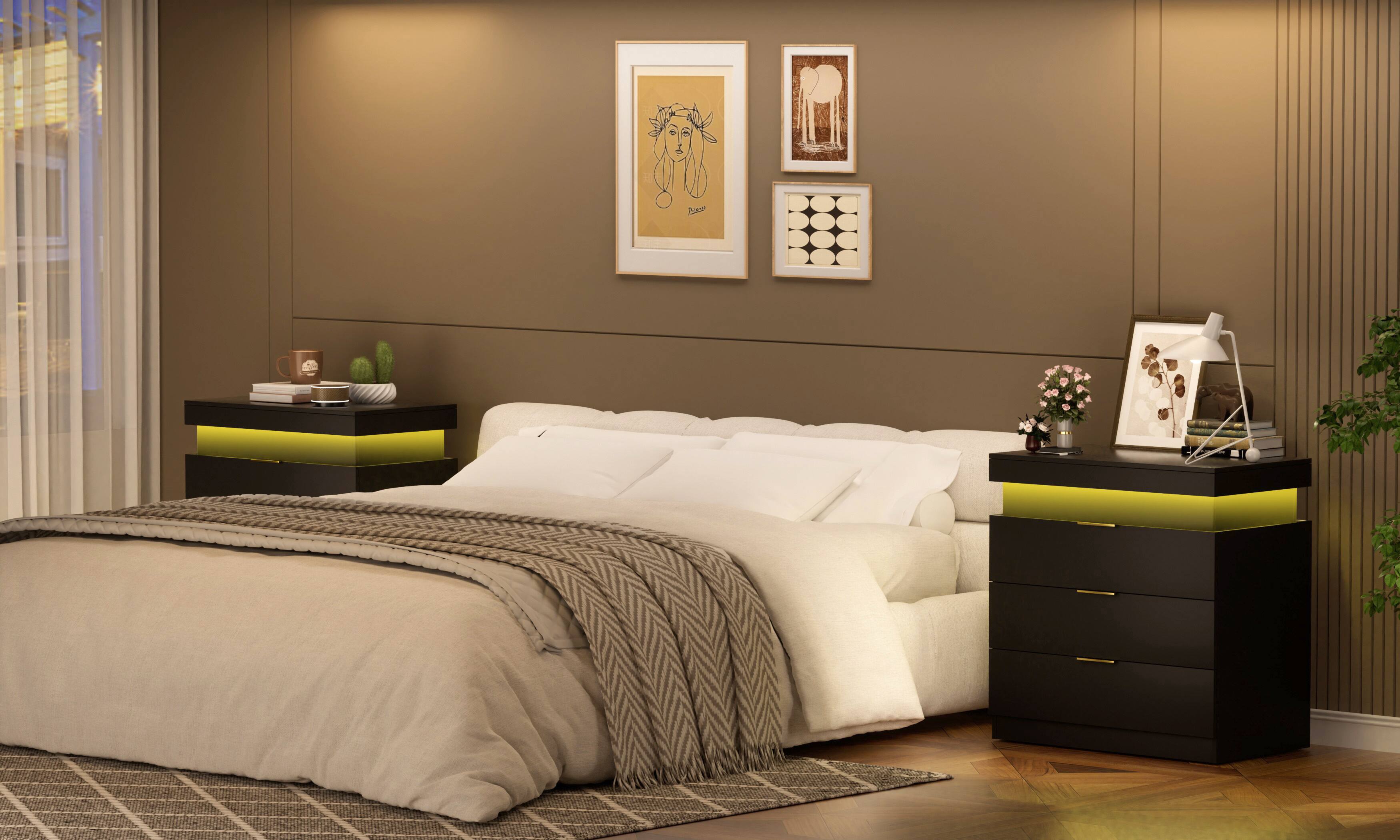 Alt View 3. Tiramisubest - Modern Nightstand with 3 Drawers,Charging Station and LED Lights,Night Stand with Sliding Top for Bedroom,Black - Black.