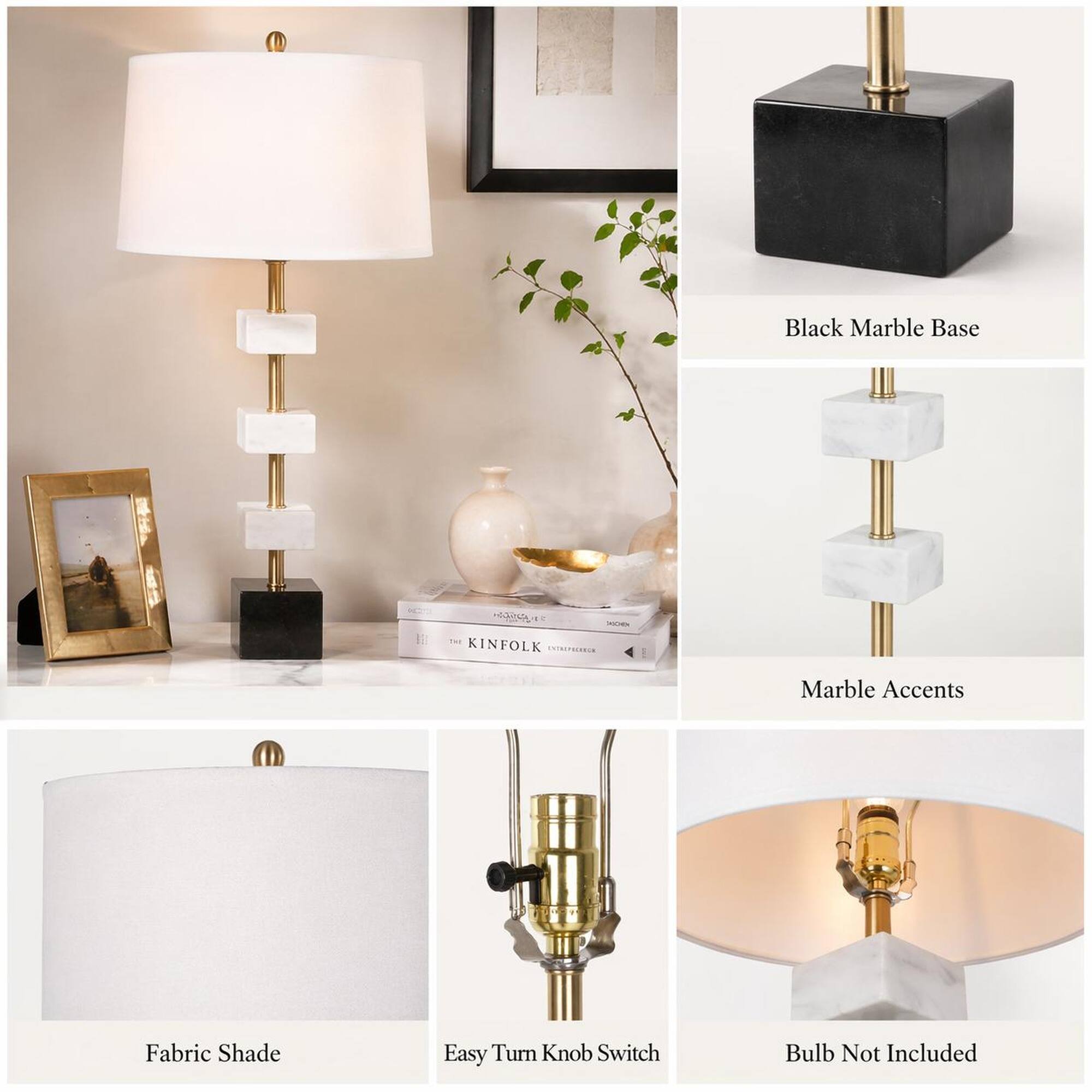 Black Marble Base

KINFOLK

Marble Accents

Fabric Shade

Easy Turn Knob Switch

Bulb Not Included