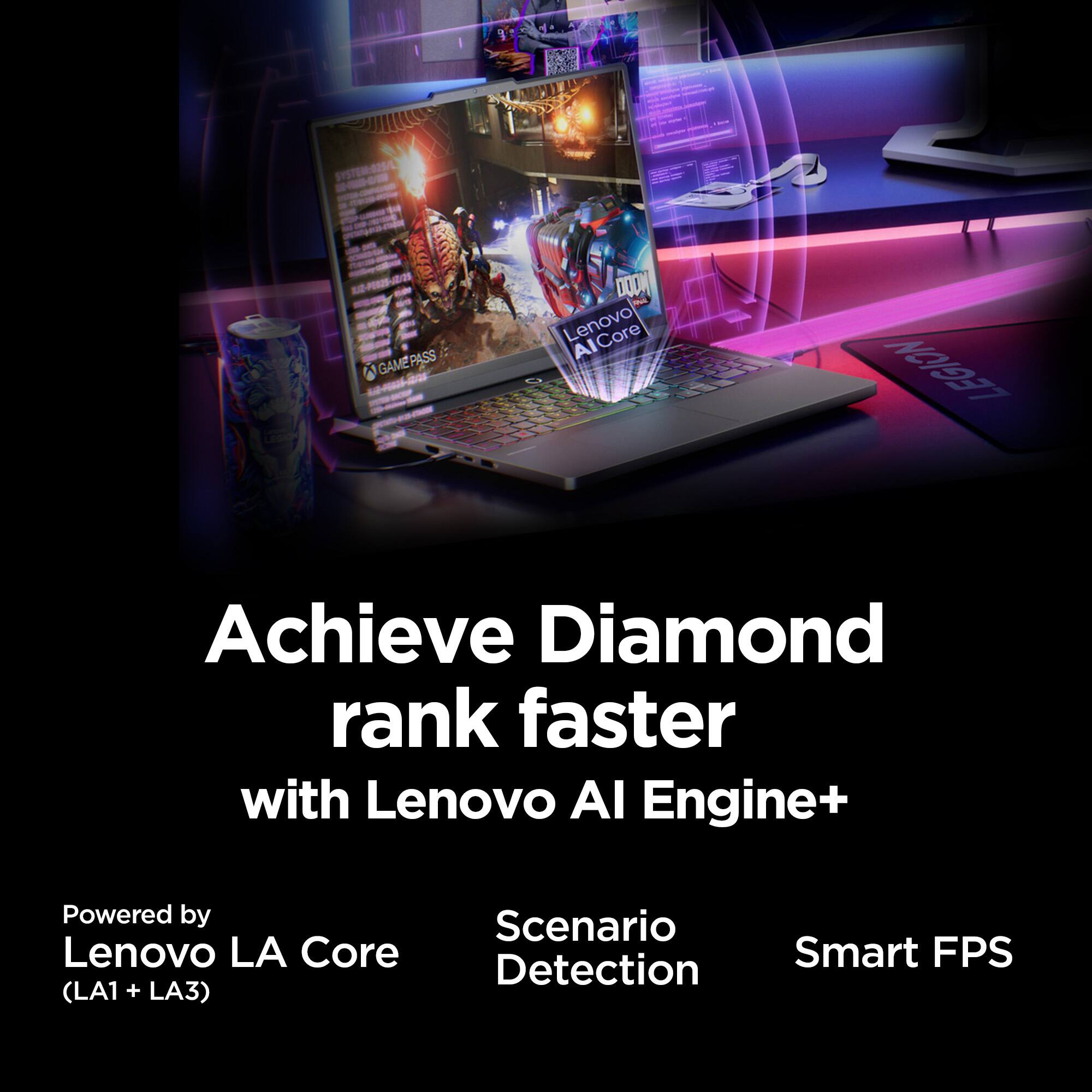 The text on the image reads: "Achieve Diamond rank faster with Lenovo Al Engine+ Powered by Lenovo LA Core (LA1 + LA3) Scenario Smart FPS Detection."